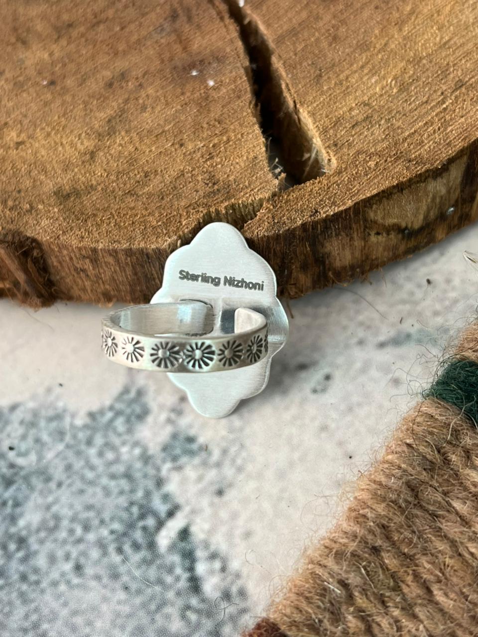 Handmade Sterling Silver Cripple Creek Turquoise Adjustable Ring Signed Nizhoni