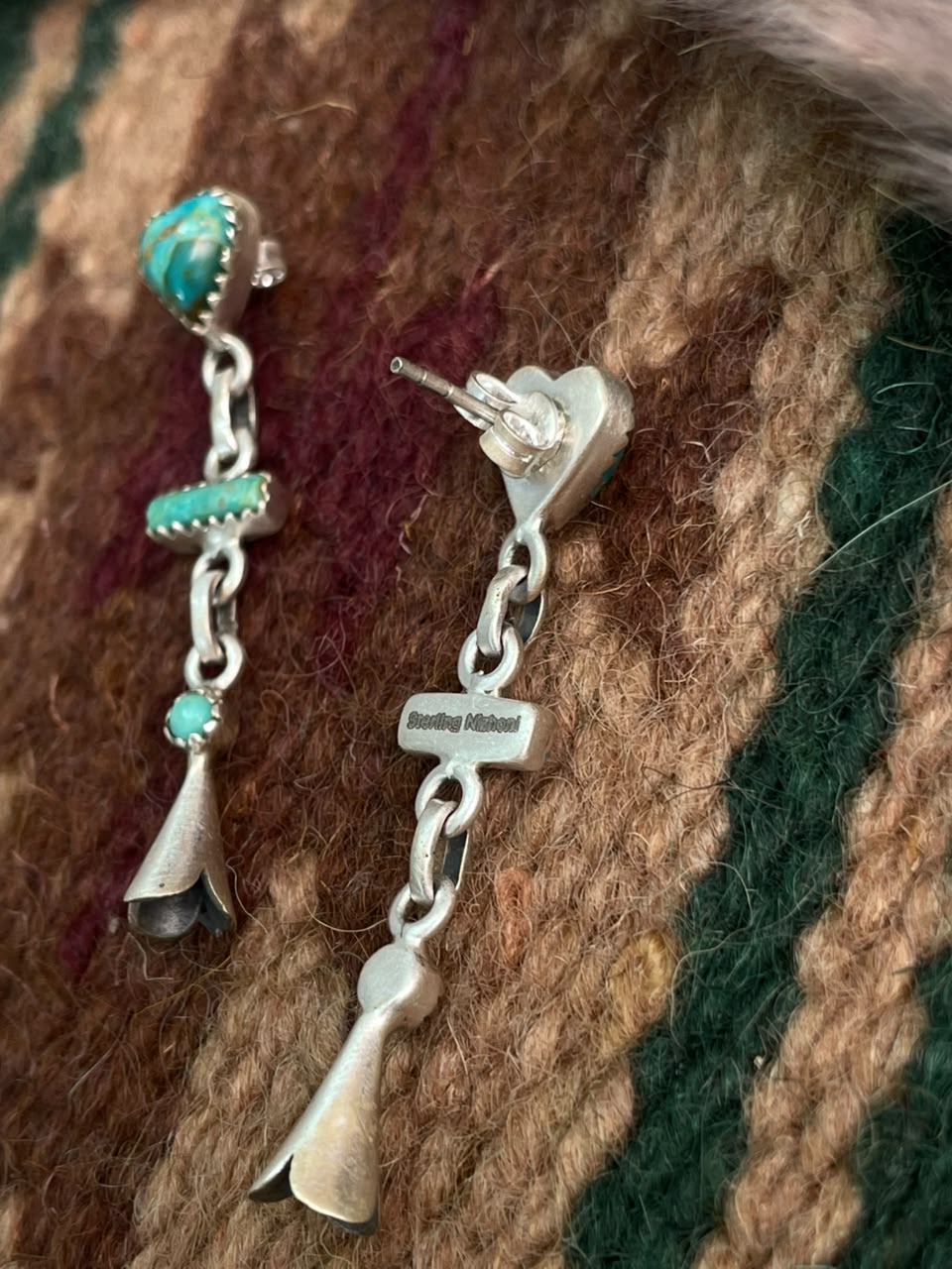 Handmade Sterling Silver Kingman Turquoise Post Squash Blossom Dangle Earrings Signed Nizhoni
