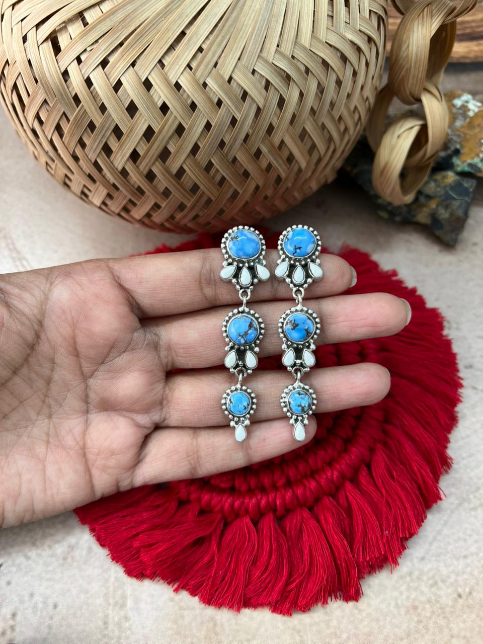 Handmade Sterling Silver Golden Hills with White Collection Post Dangle Earrings "Signed Nizhoni"