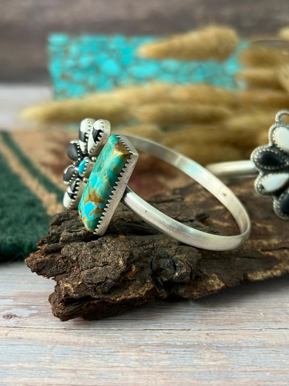 Handmade Sterling Silver Kingman Turquoise with White Buffalo Cuff Bracelet "Signed Nizhoni"