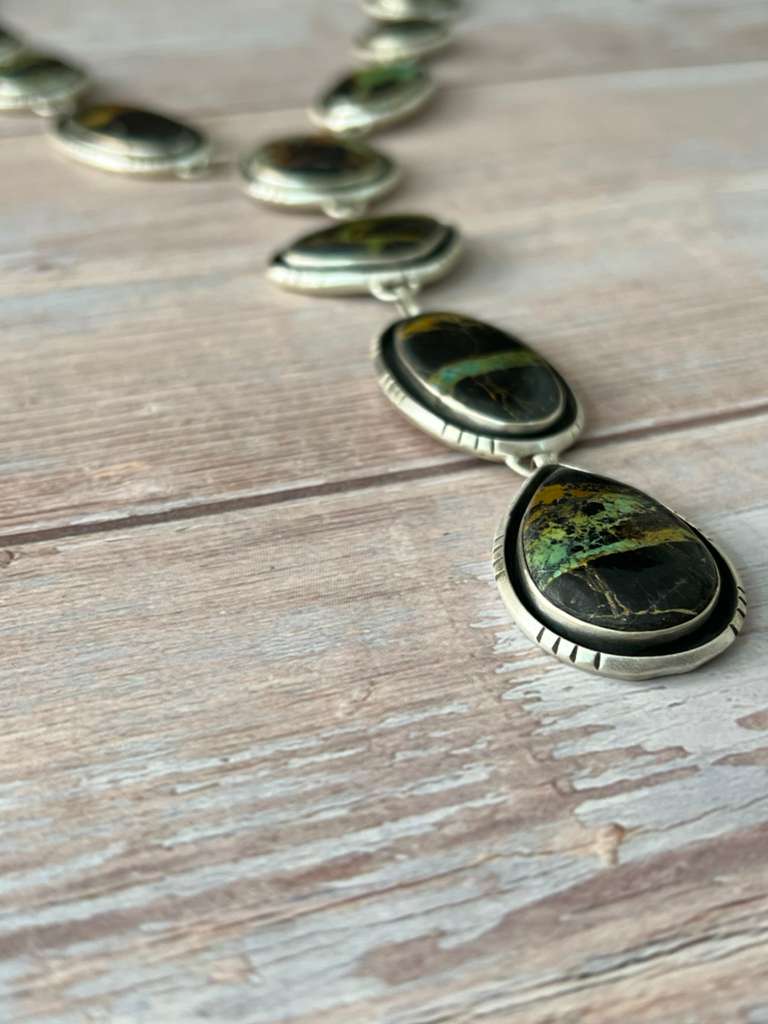 Handmade Sterling Silver Blackjack Turquoise Necklace with Signed Nizhoni