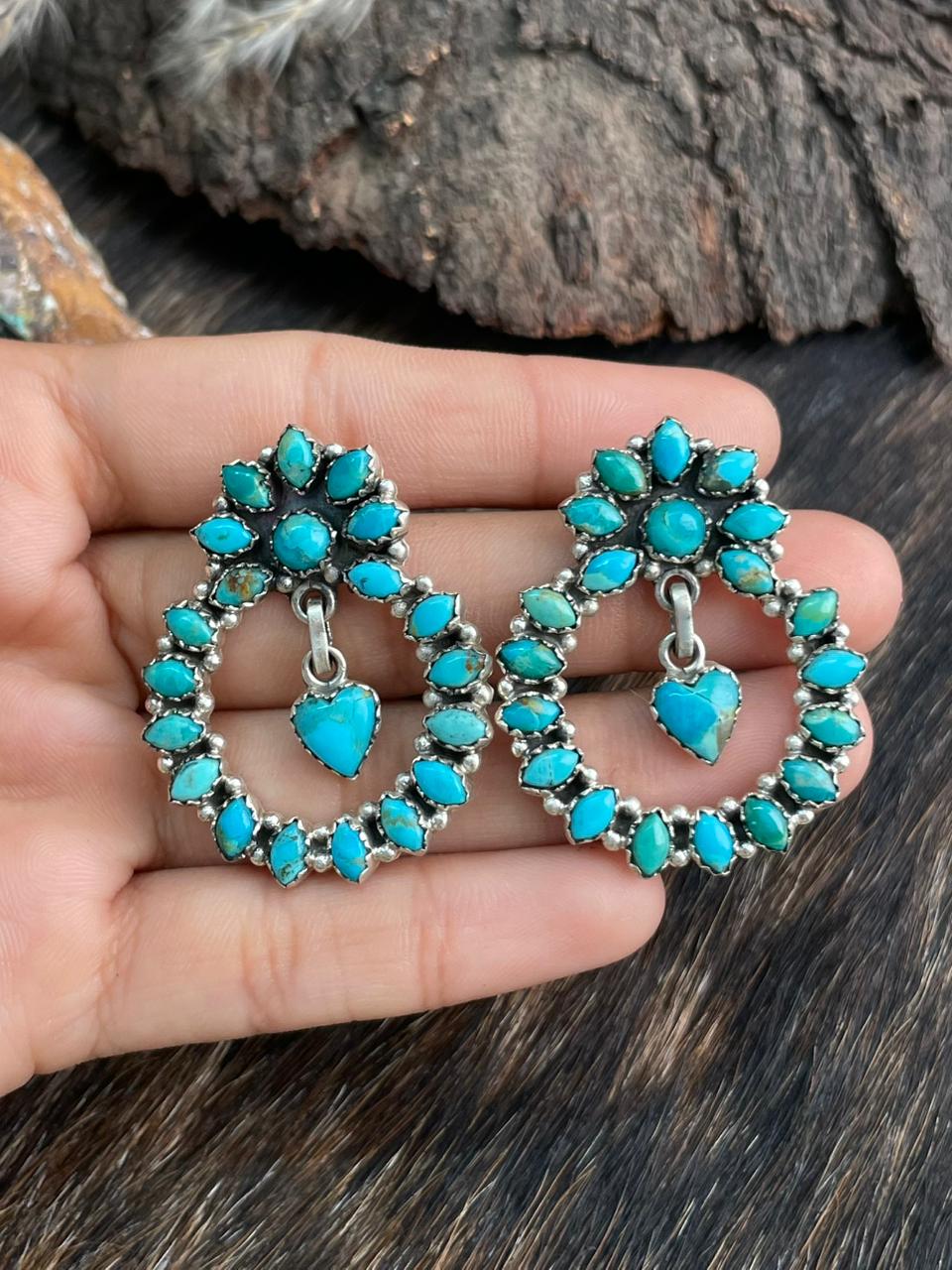 Handmade Sterling Silver Kingman Turquoise Post Dangle Hoop Earrings "Signed Nizhoni"