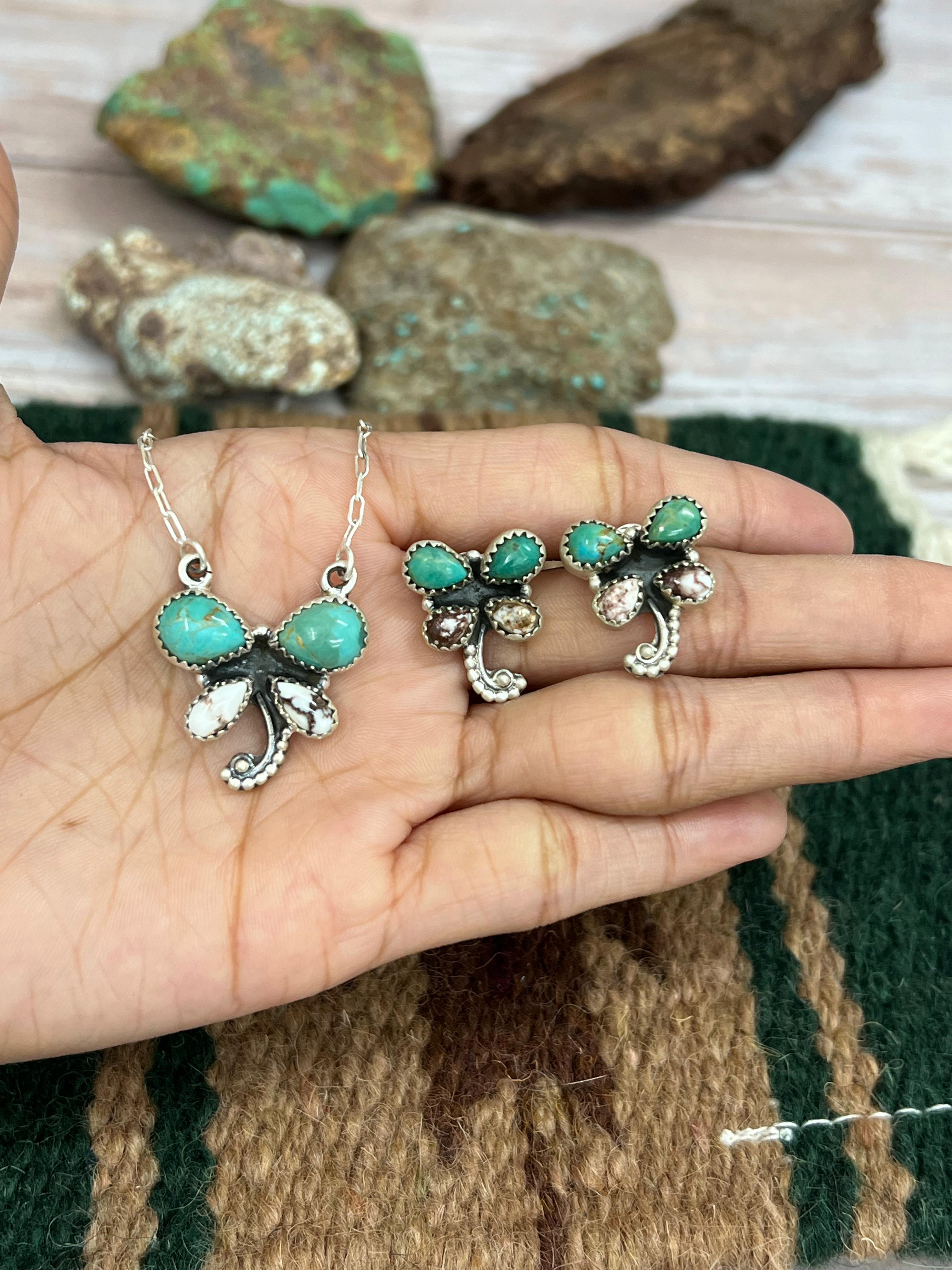 Handmade Sterling Silver Kingman Turquoise, Wild Horse Necklace Earrings Set with Signed Nizhoni