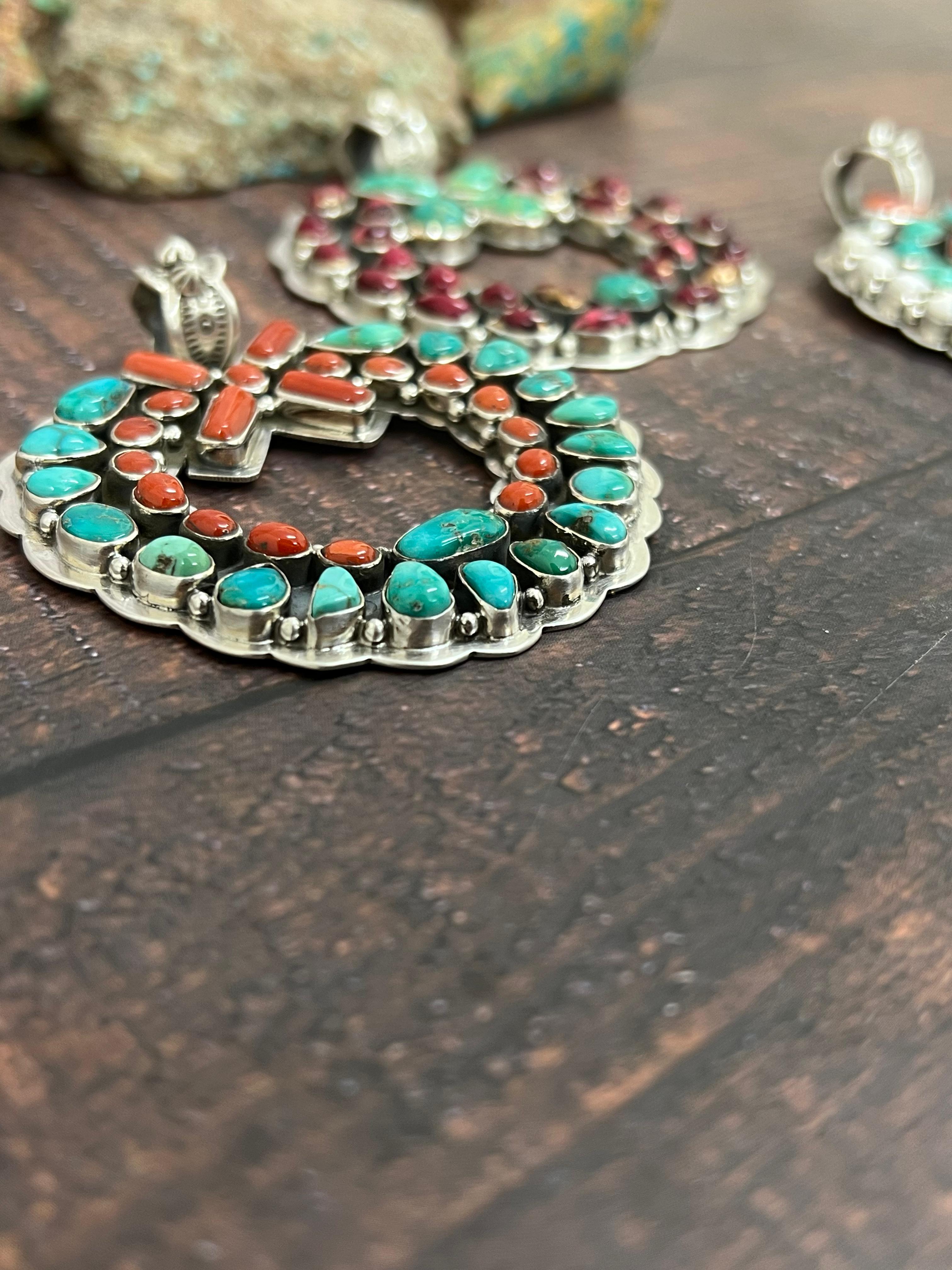 Handmade Sterling Silver Multi Stones Pendant, Signed Nizhoni