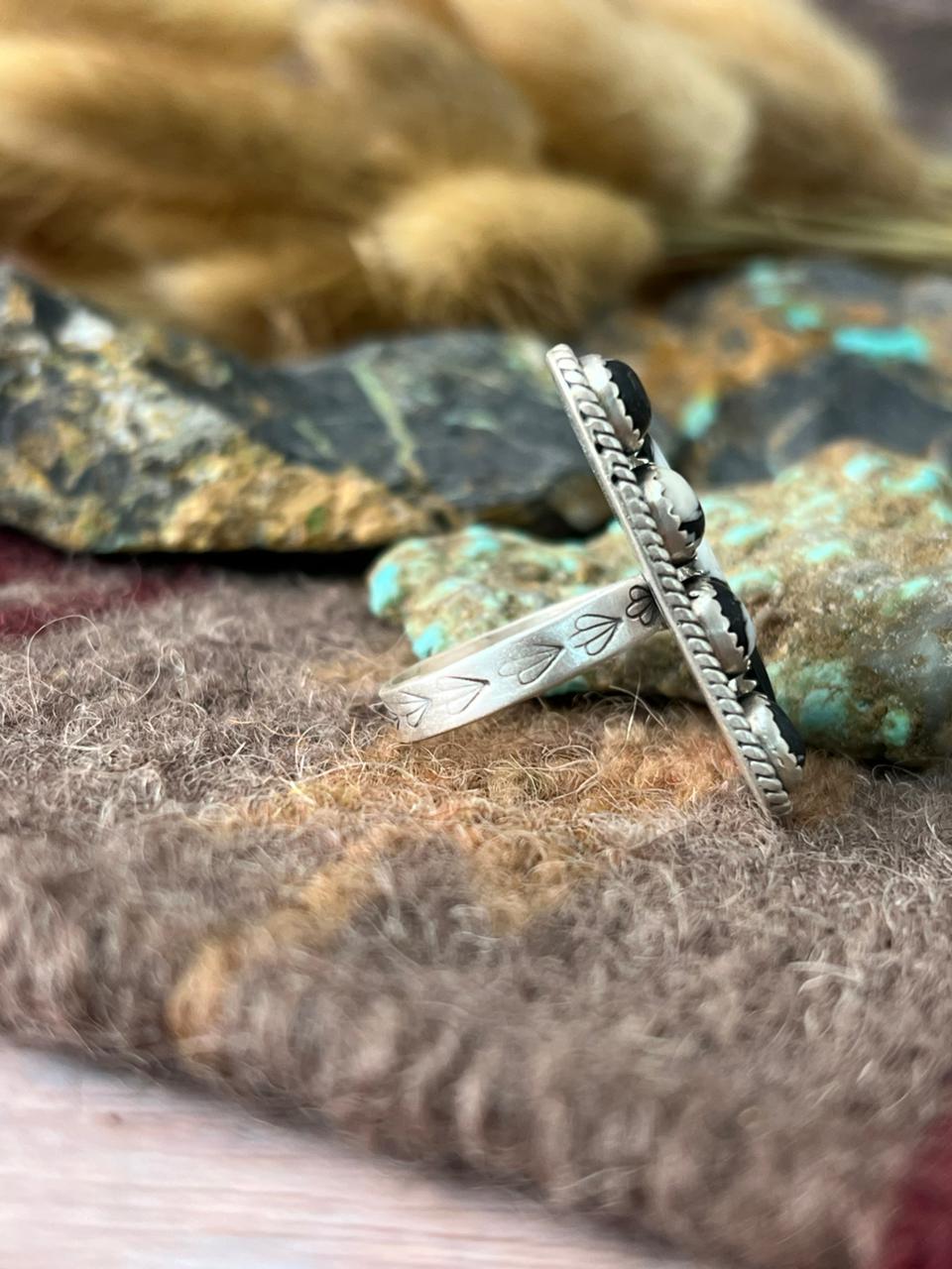 Handmade Sterling Silver White Buffalo Adjusatble Ring "Signed Nizhoni"