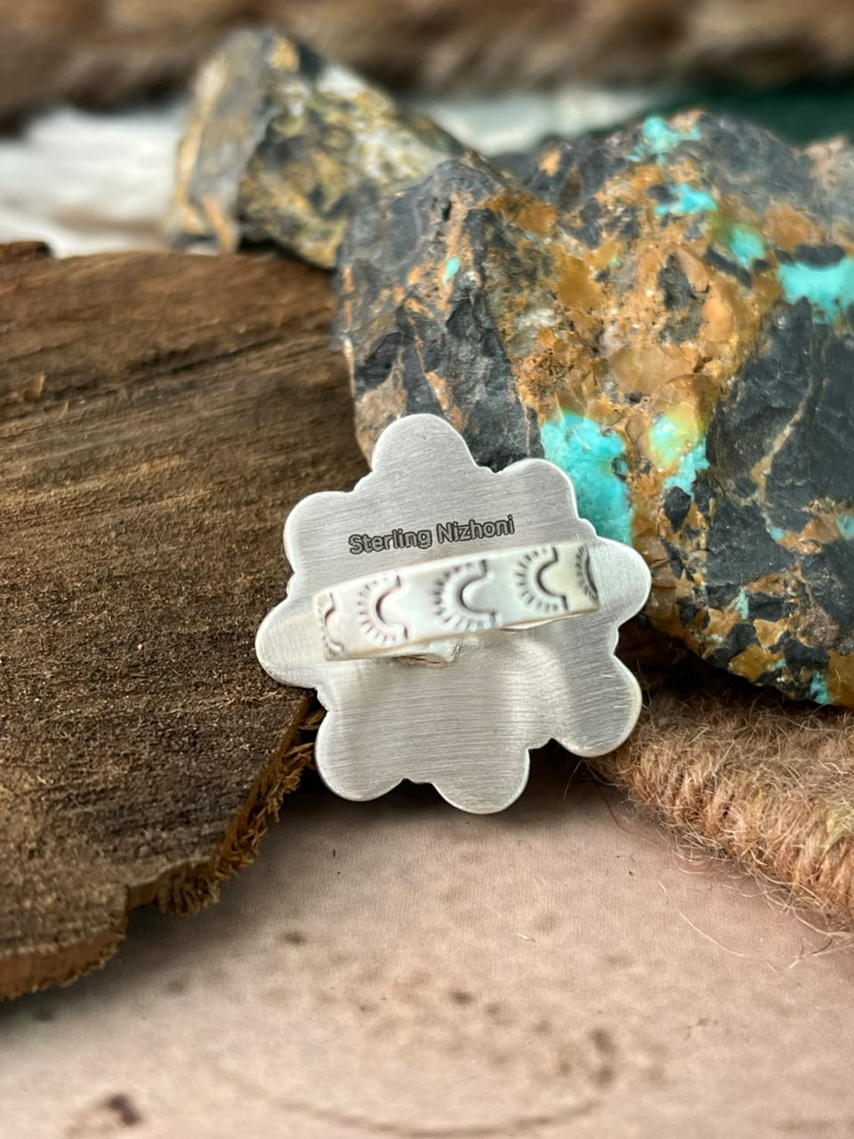 Handmade Sterling Silver Hachita Turquoise Adjustable Ring Signed Nizhoni