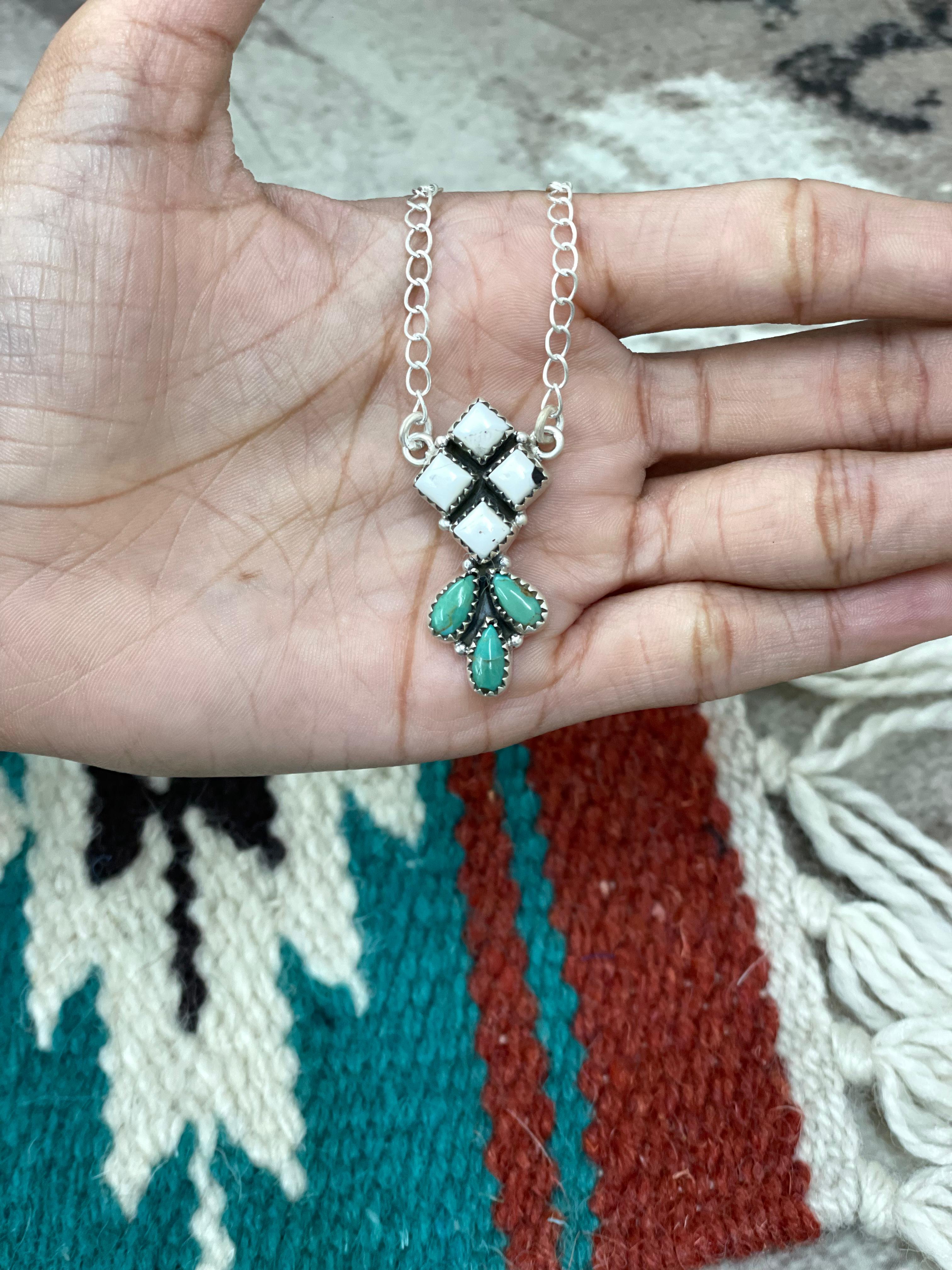 Handmade Sterling Silver Kingman Turquoise with White Buffalo Necklace Signed Nizhoni