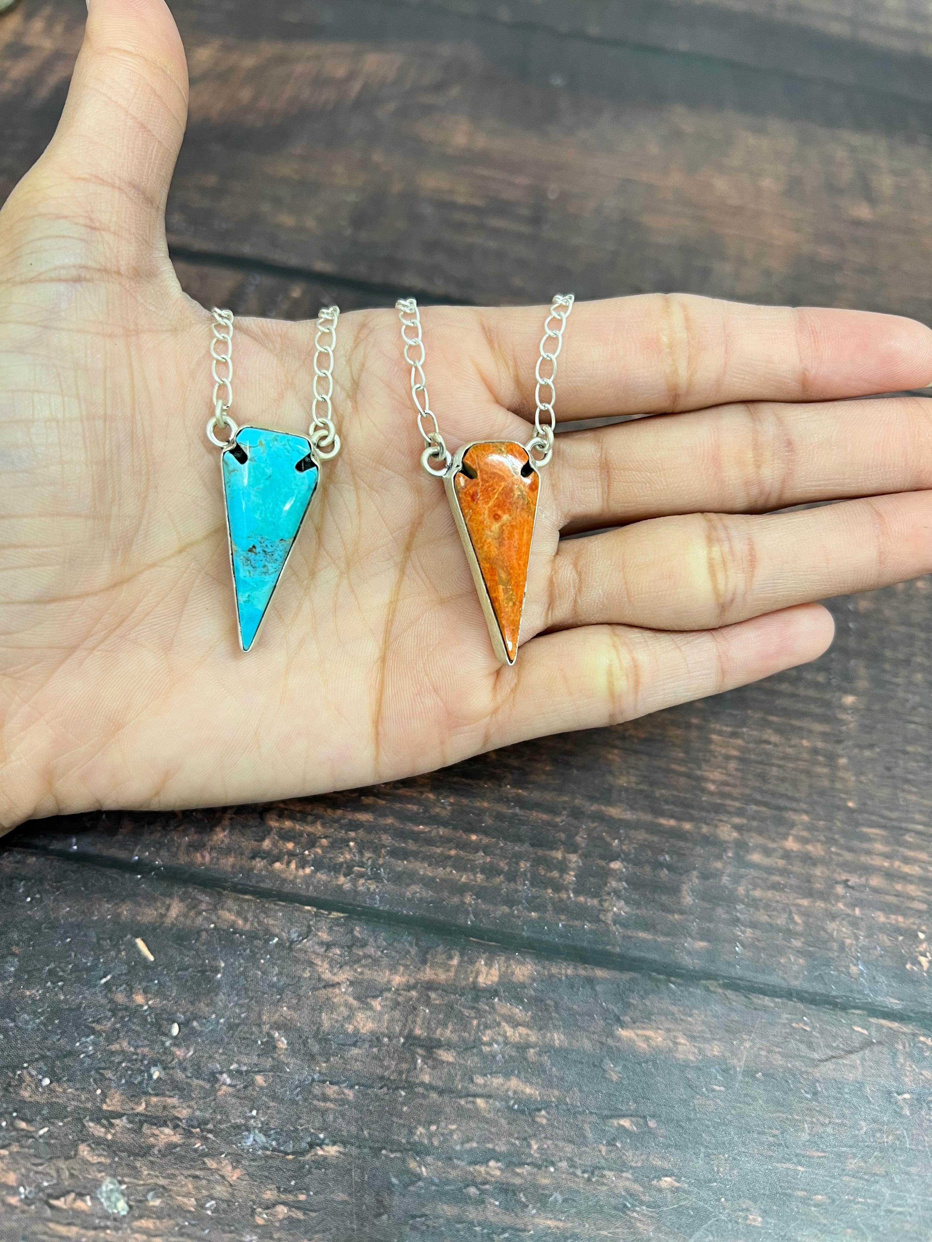 Handmade Sterling Silver Orange Mojave, Kingman Turquoise Necklace with Signed Nizhoni