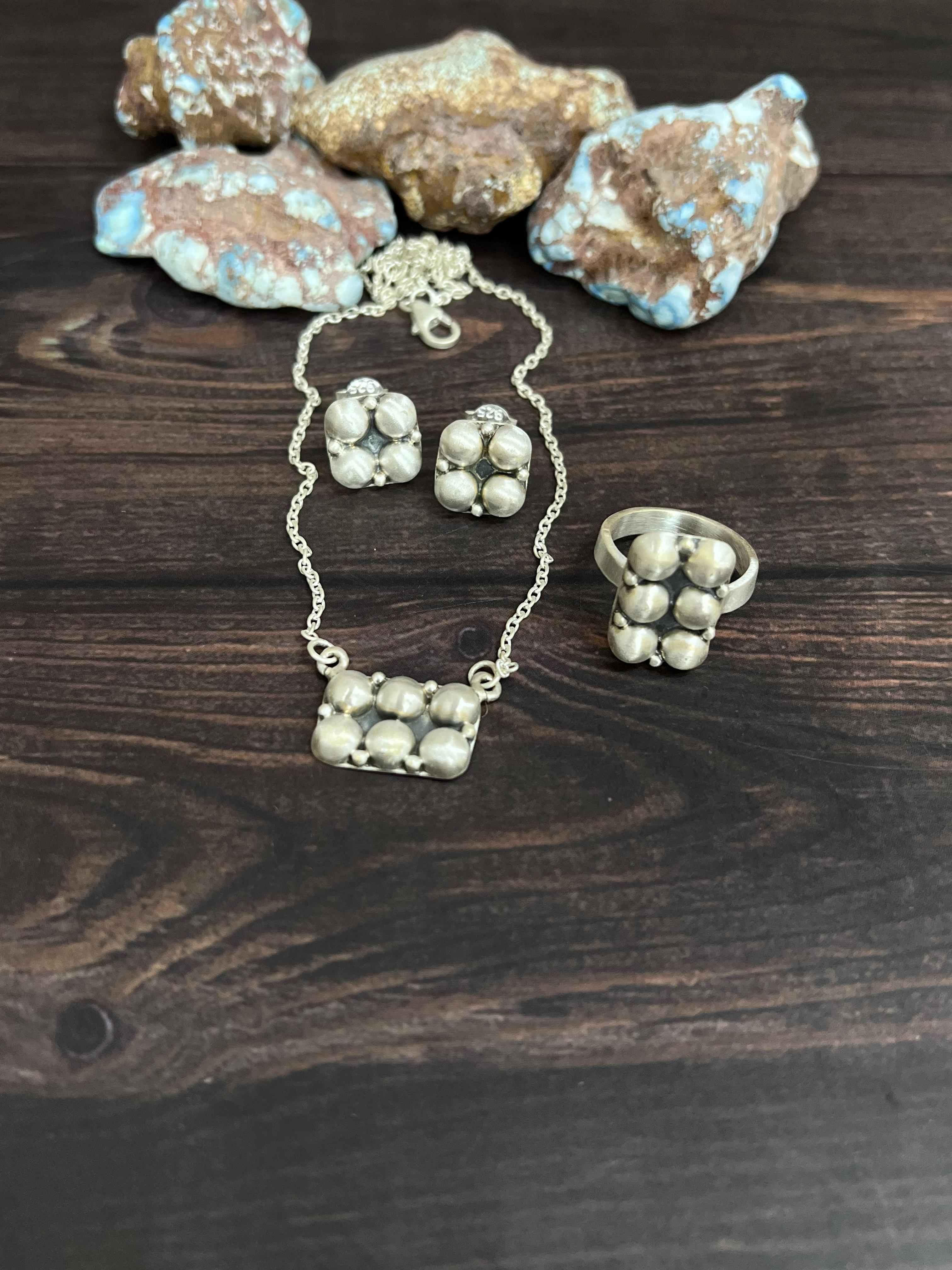 Handmade 'Sterling Silver' Necklace Earrings and Ring Set with Signed Nizhoni