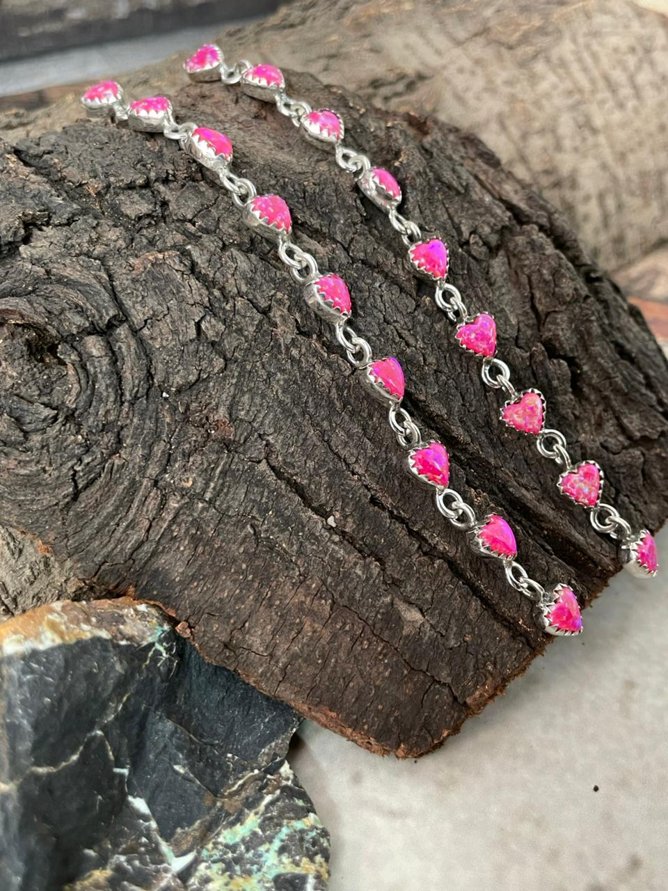 "Heart Collection" Handmade Sterling Silver Hot Pink Post Dangle  Earrings "Signed Nizhoni"