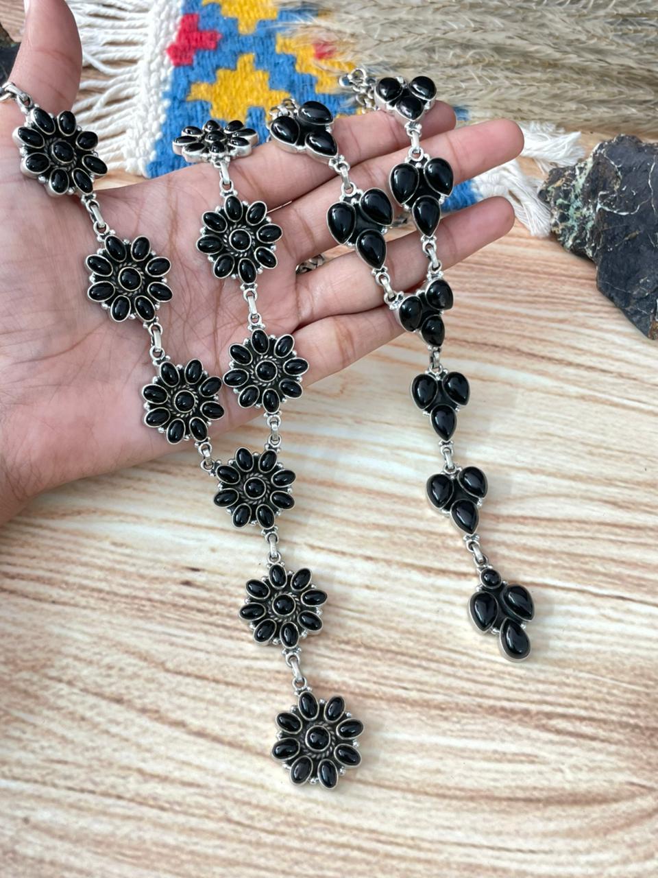 Handmade Sterling Silver Black Onyx Lariat Necklace "Signed Nizhoni"