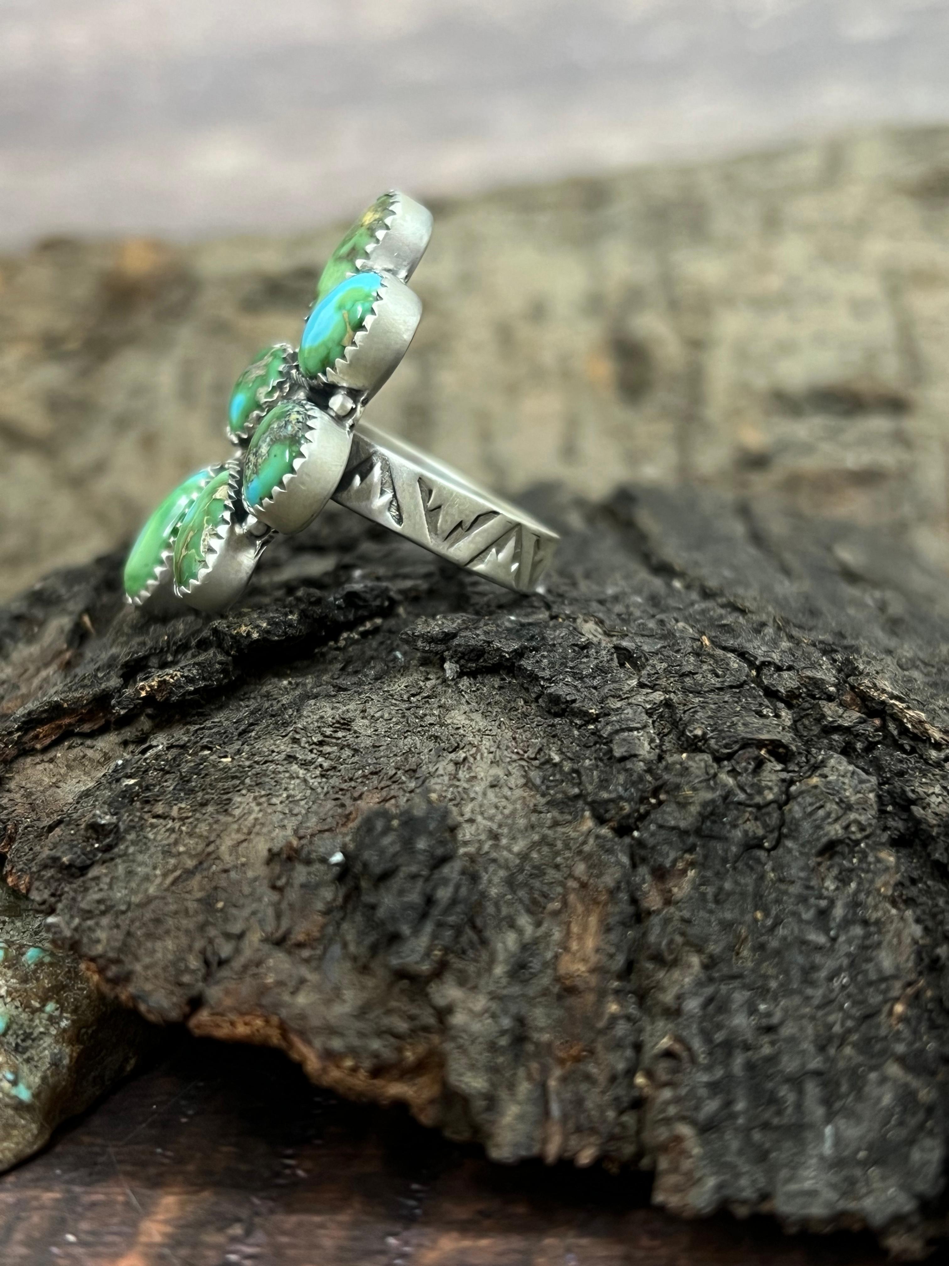 Handmade Sterling Silver Sonoran Mountain Turquoise Adjustable Ring with Signed Nizhoni