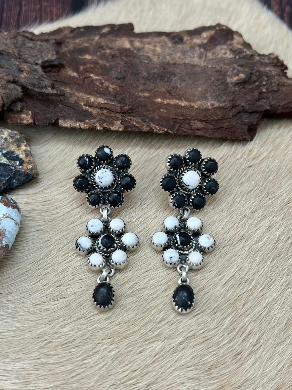 Handmade Sterling Silver White Buffalo Post Dangle Earrings "Signed Nizhoni" (6)