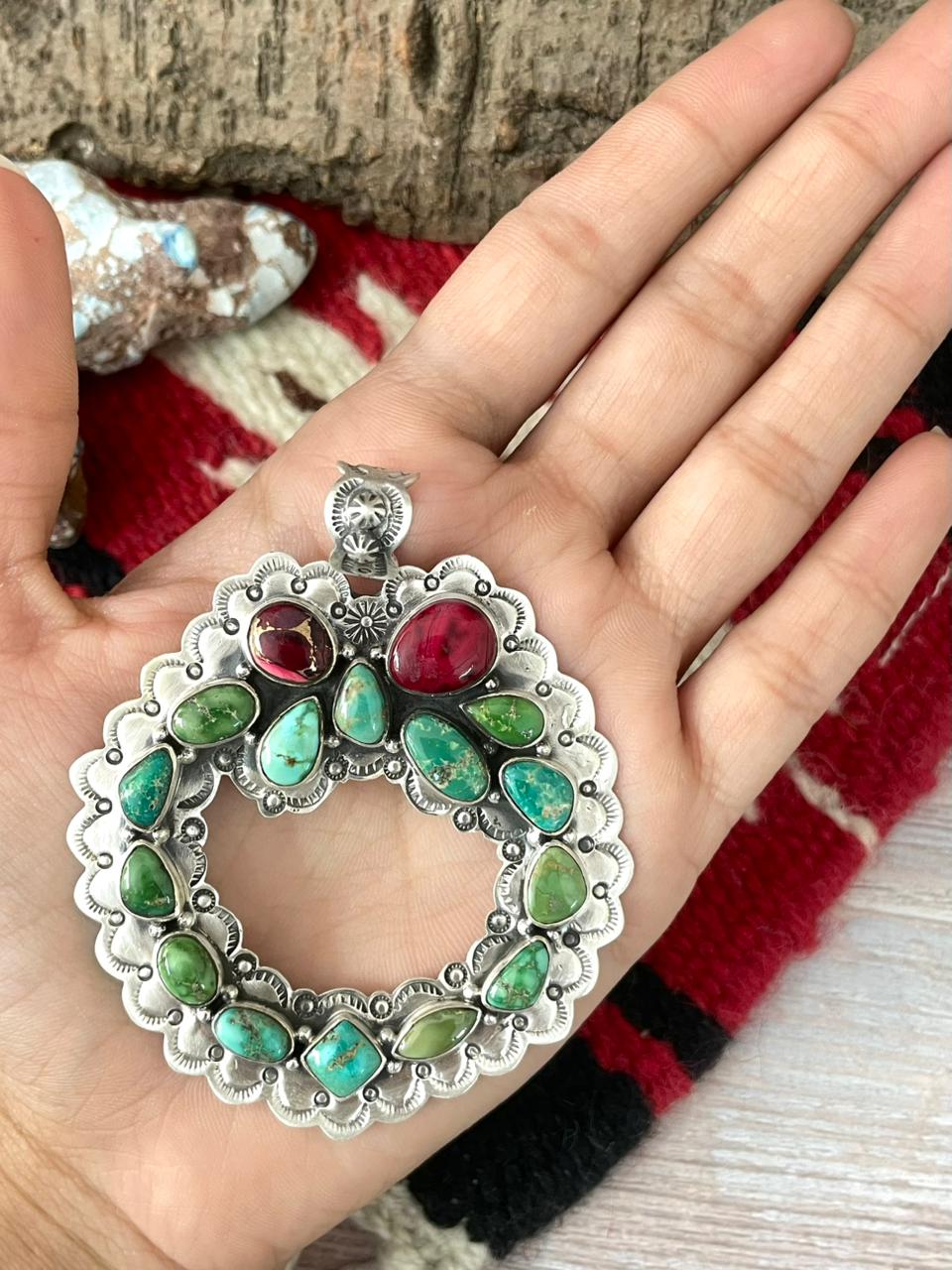 Handmade Sterling Silver Dahlia Rose with Emerald Valley Turquoise Pendant "Signed Nizhoni"