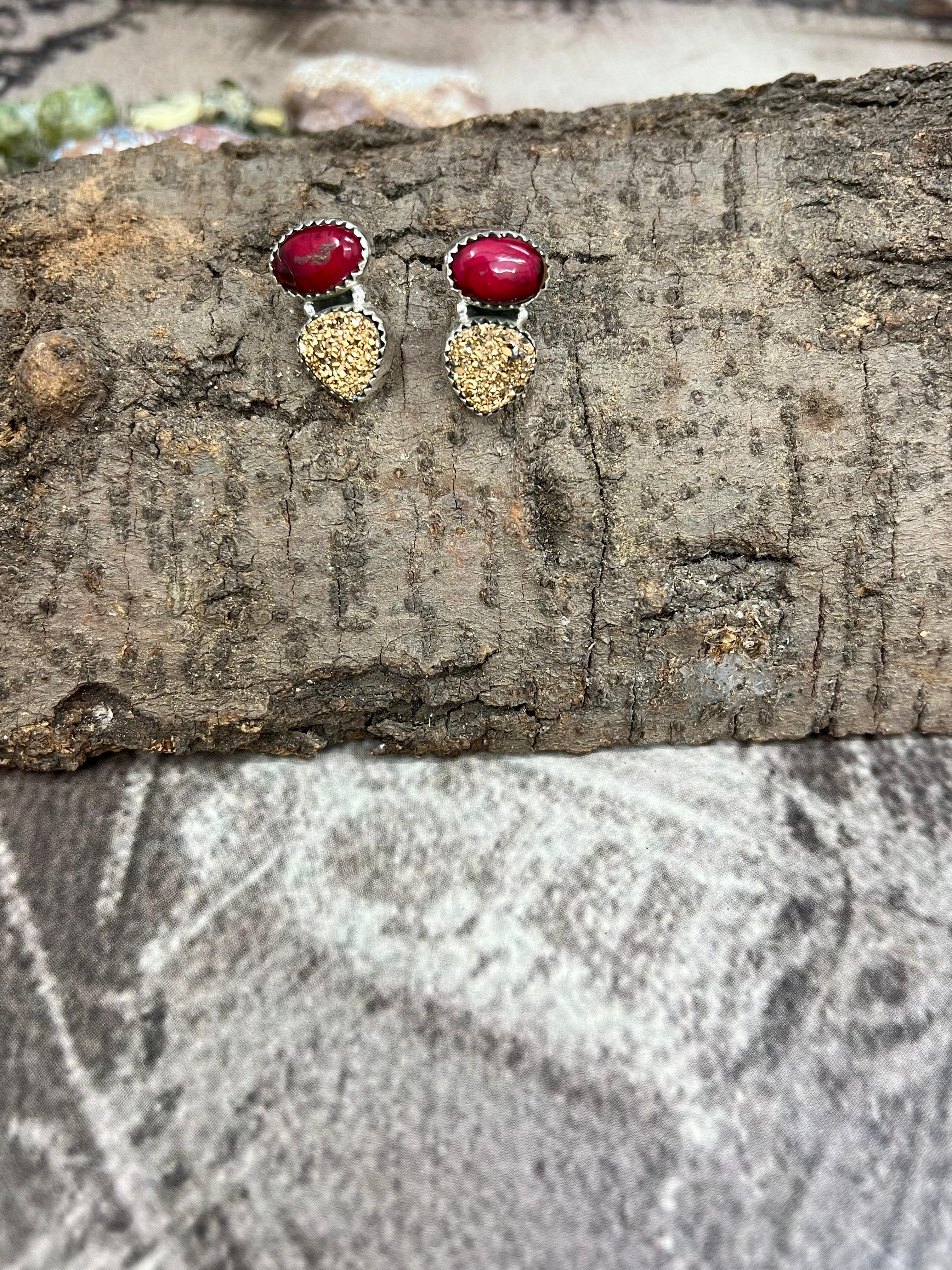 Handmade Sterling Silver Dahlia Rose with Druzy Post Earrings with Signed Nizhoni