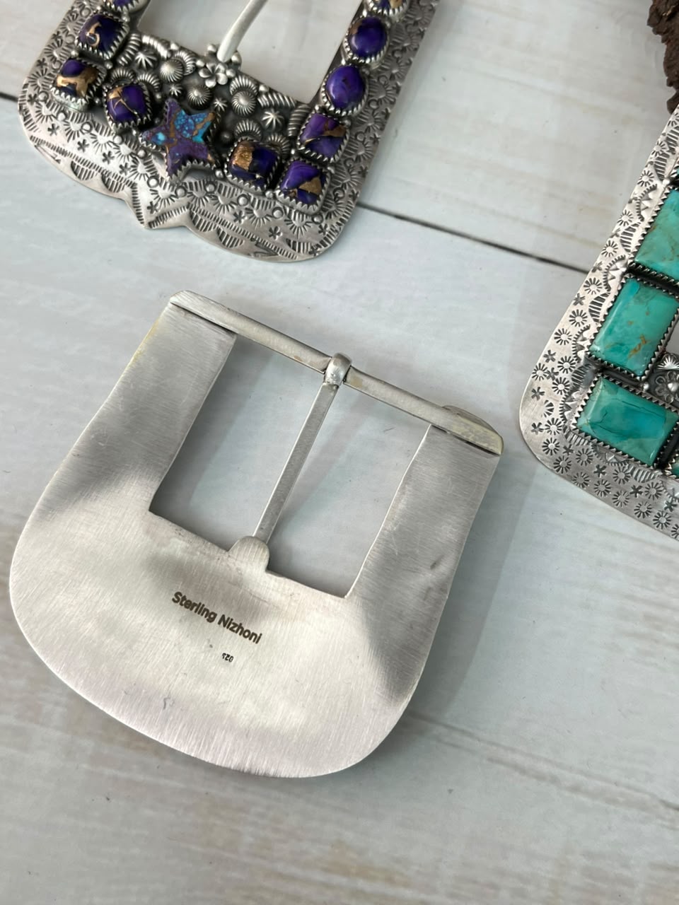 Handmade Sterling Silver Kingman Turquoise, Grape Dahlia and Wildhorse Magnesite Belt Buckle Signed Nizhoni