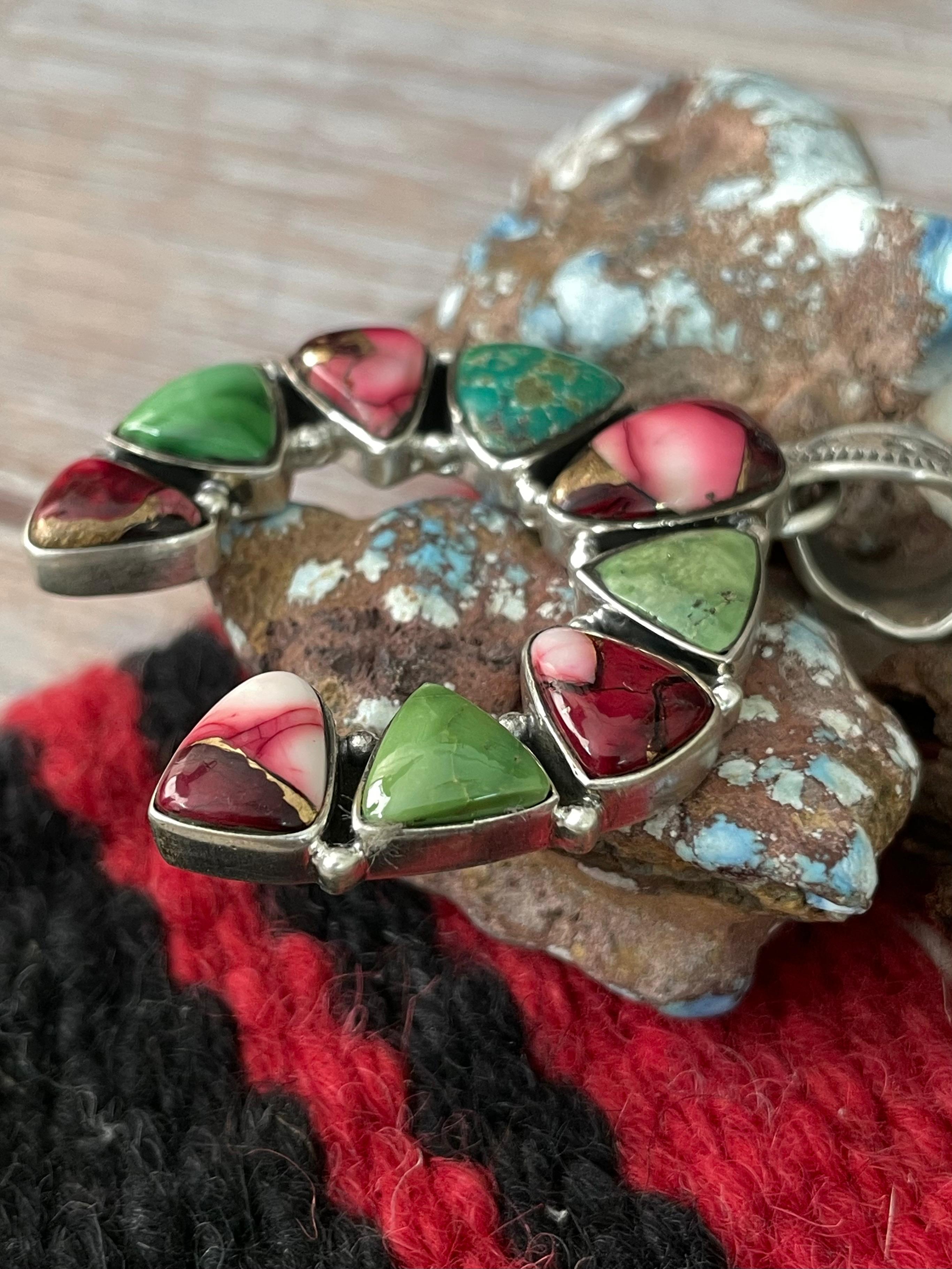 Handmade Sterling Silver Dahlia Rose with Emerald Valley Turquoise Pendant "Signed Nizhoni"