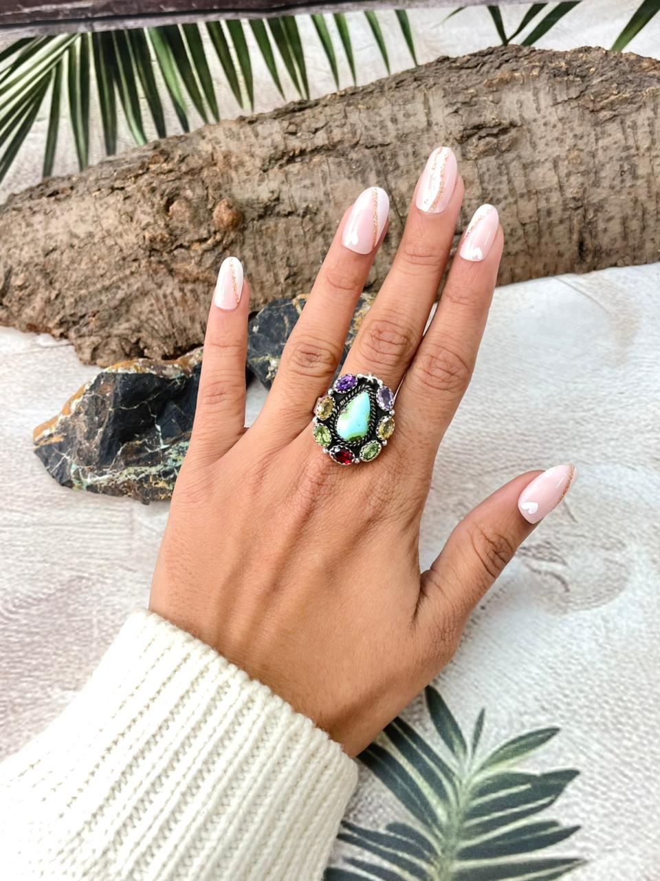 Handmade Sterling Silver Sonoran with Cut Stones Adjustable Ring "Signed Nizhoni"