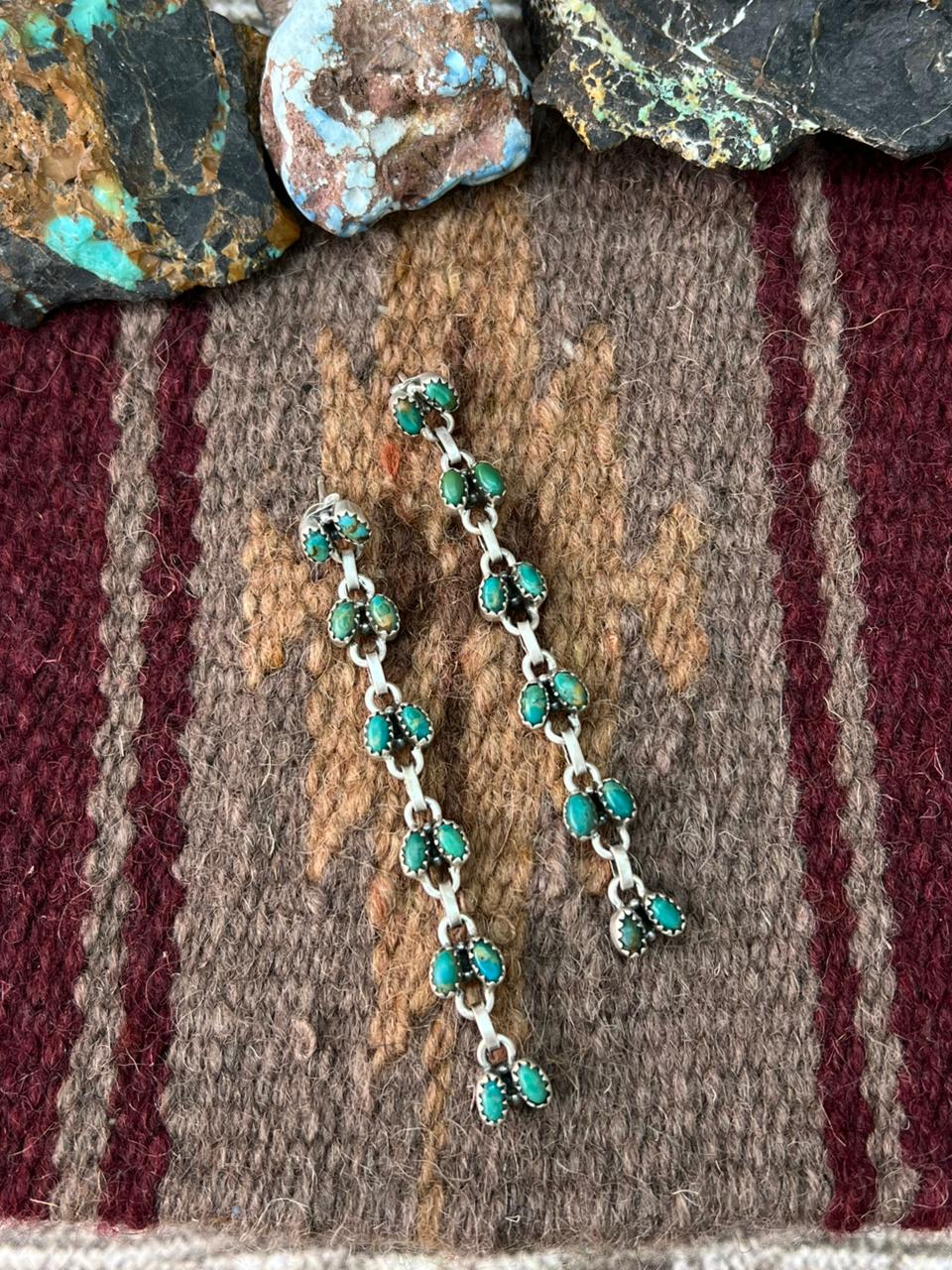 Handmade Sterling Silver Kingman Turquoise Post Dangle Earrings "Signed Nizhoni"