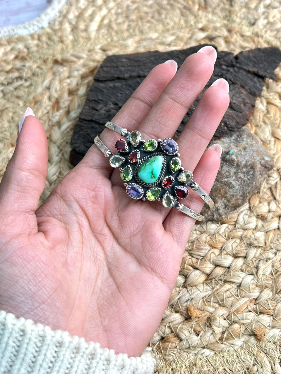 Handmade Sterling Silver Sonoran with Cut Stone Bracelet "Signed Nizhoni"