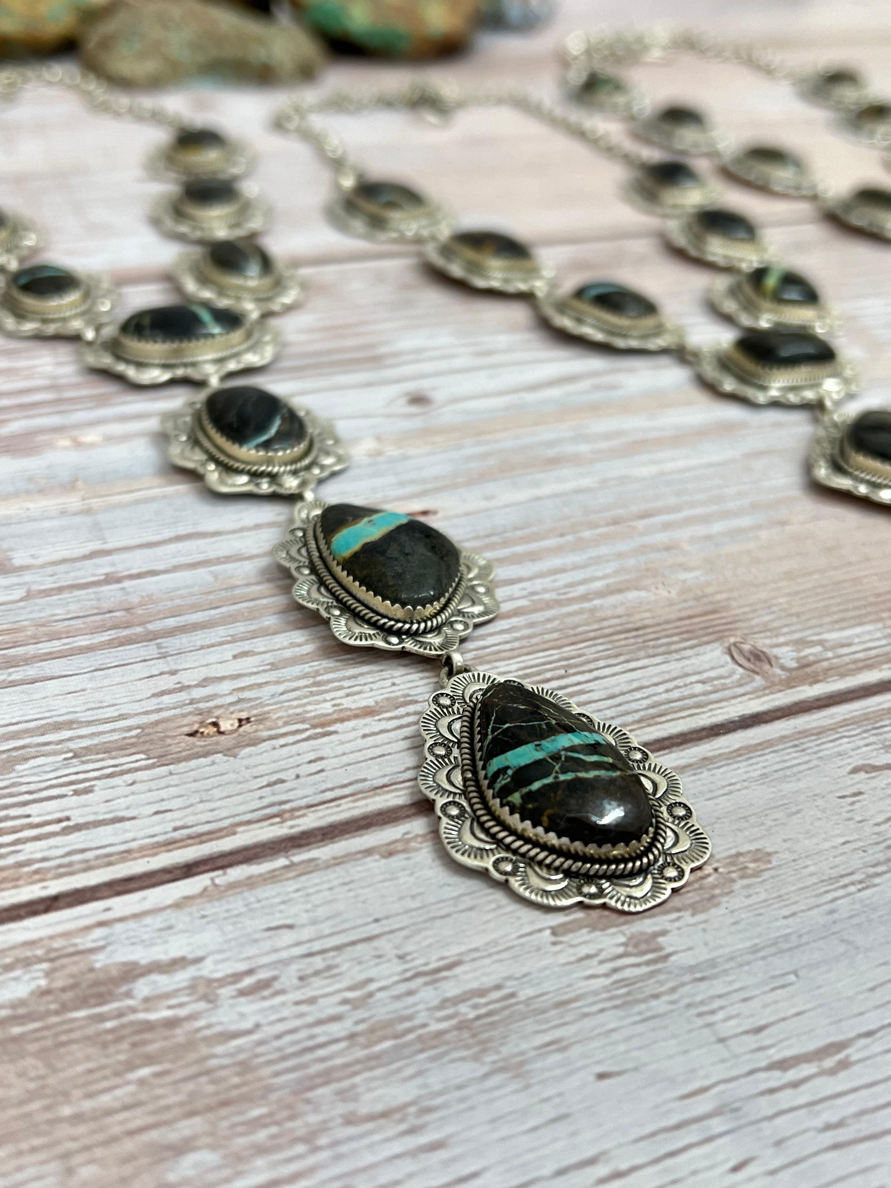 Handmade Sterling Silver Blackjack Turquoise Necklace Signed Nizhoni