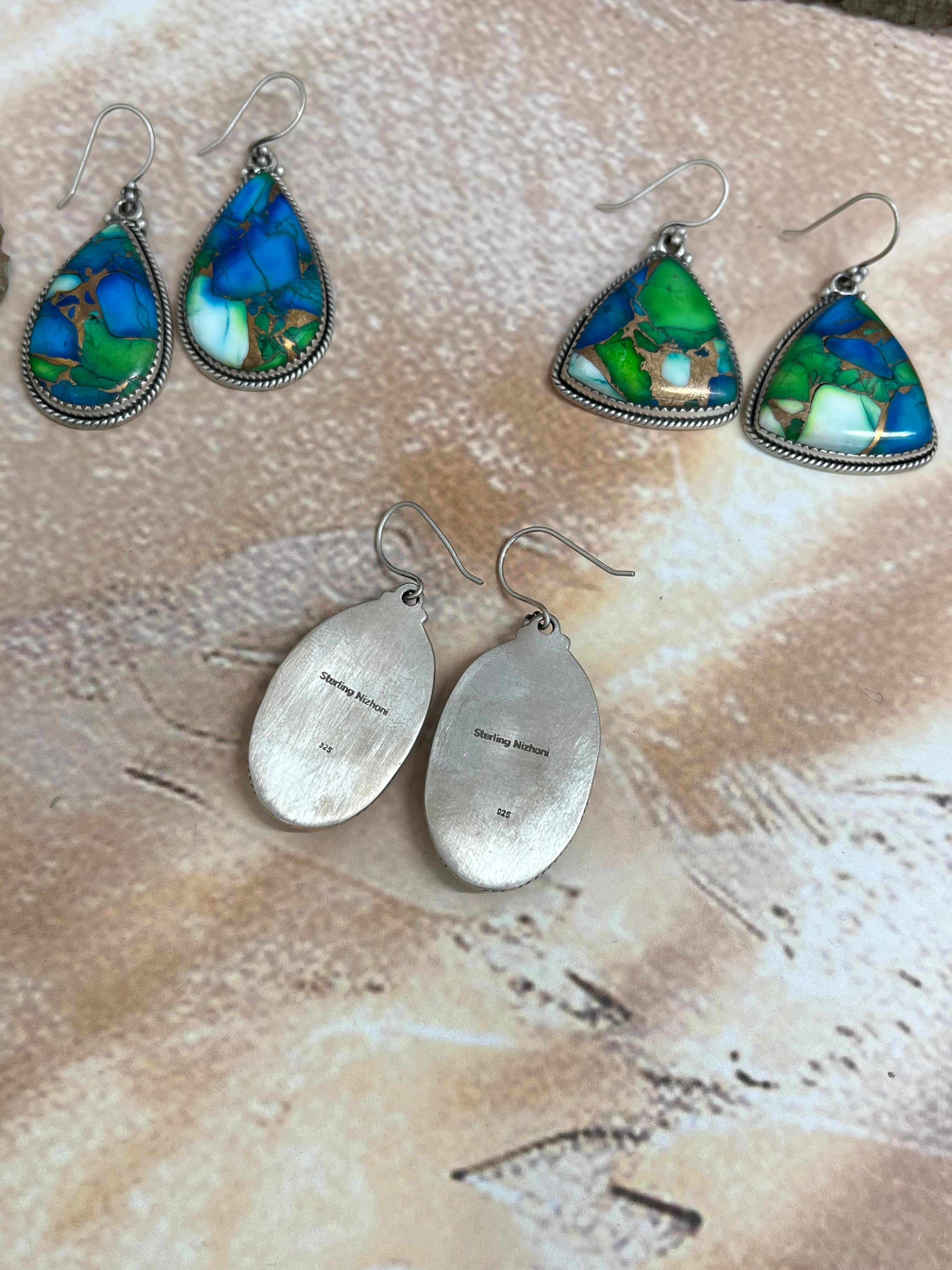 Handmade Sterling Silver Peacock Dahlia Hook Earrings with Signed Nizhoni