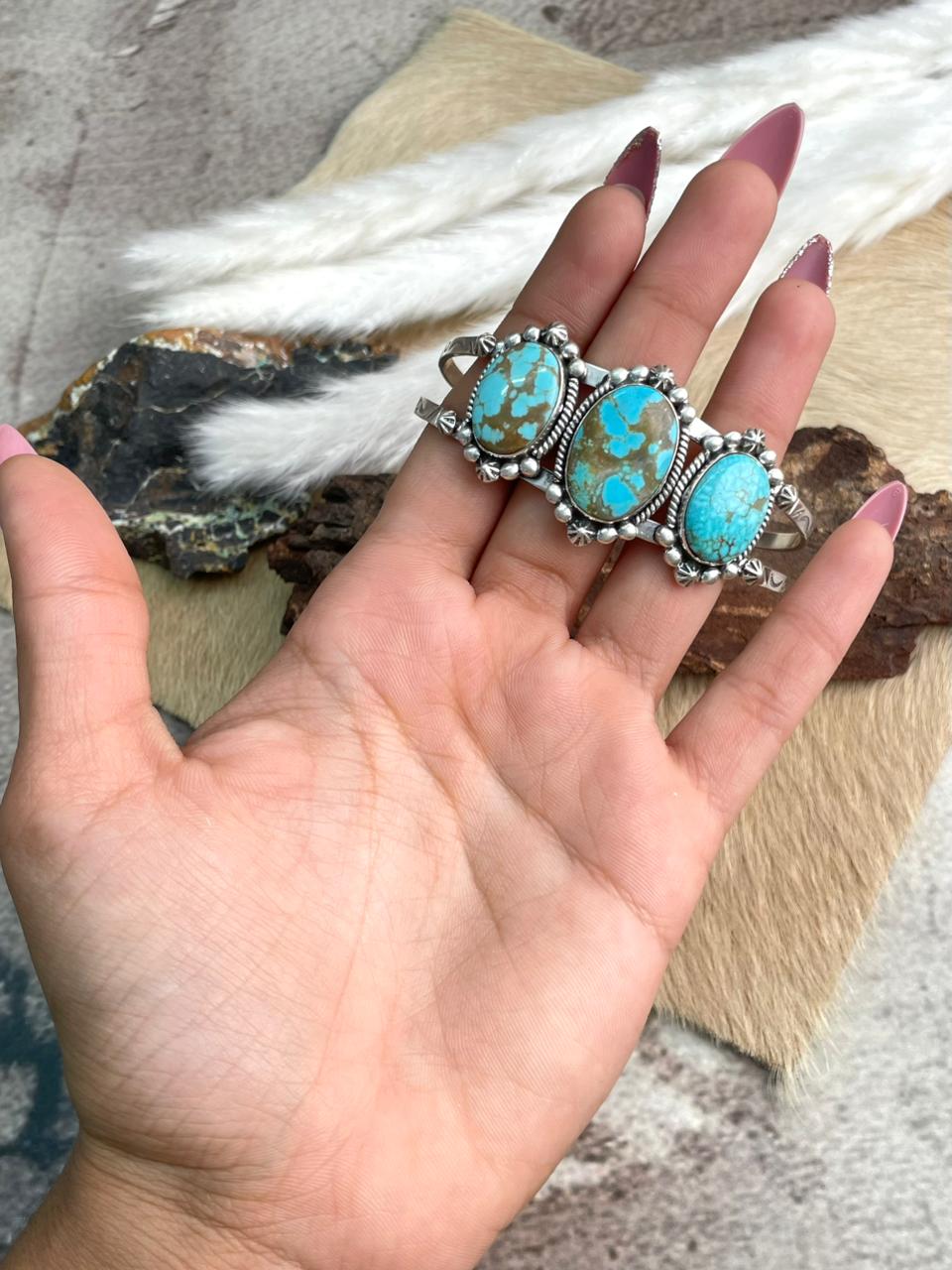 Handmade Sterling Silver Number 8 Turquoise Bracelet "Signed Nizhoni"