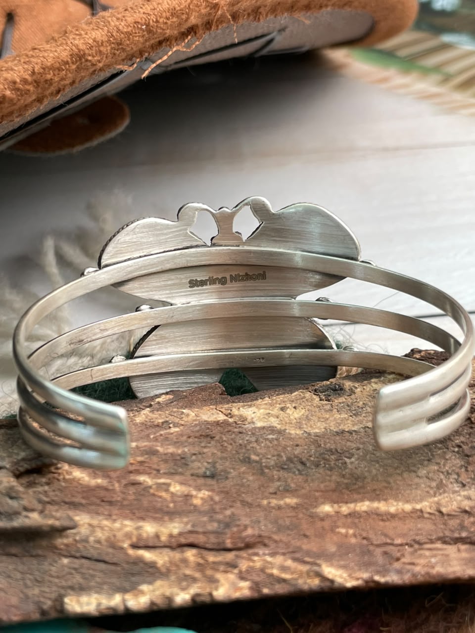 Handmade Sterling Silver Campitos Turquoise Collection: Butterfly Cuff Bracelet Signed Nizhoni