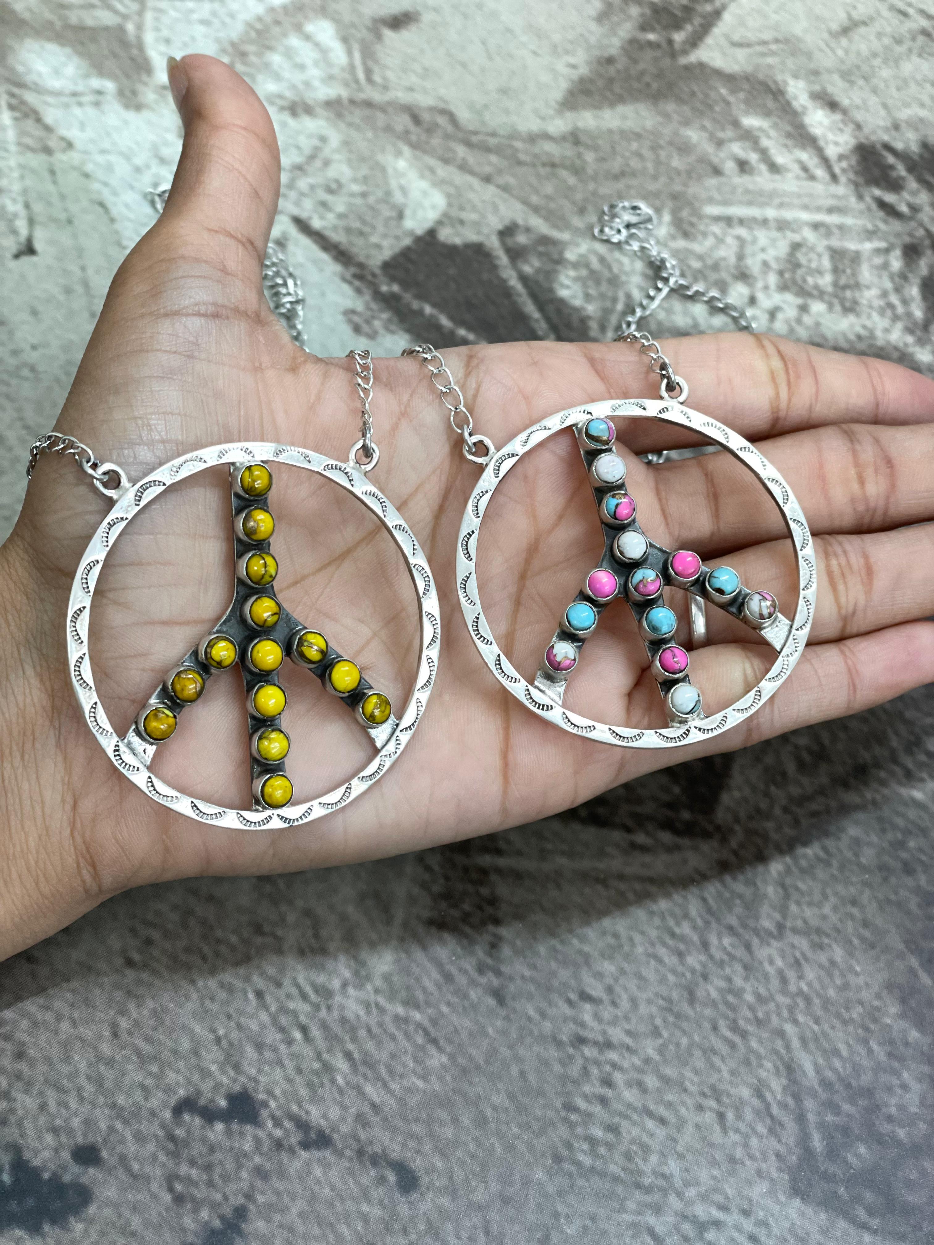 Handmade Sterling Silver Multi Stone PEACE Necklace Signed Nizhoni