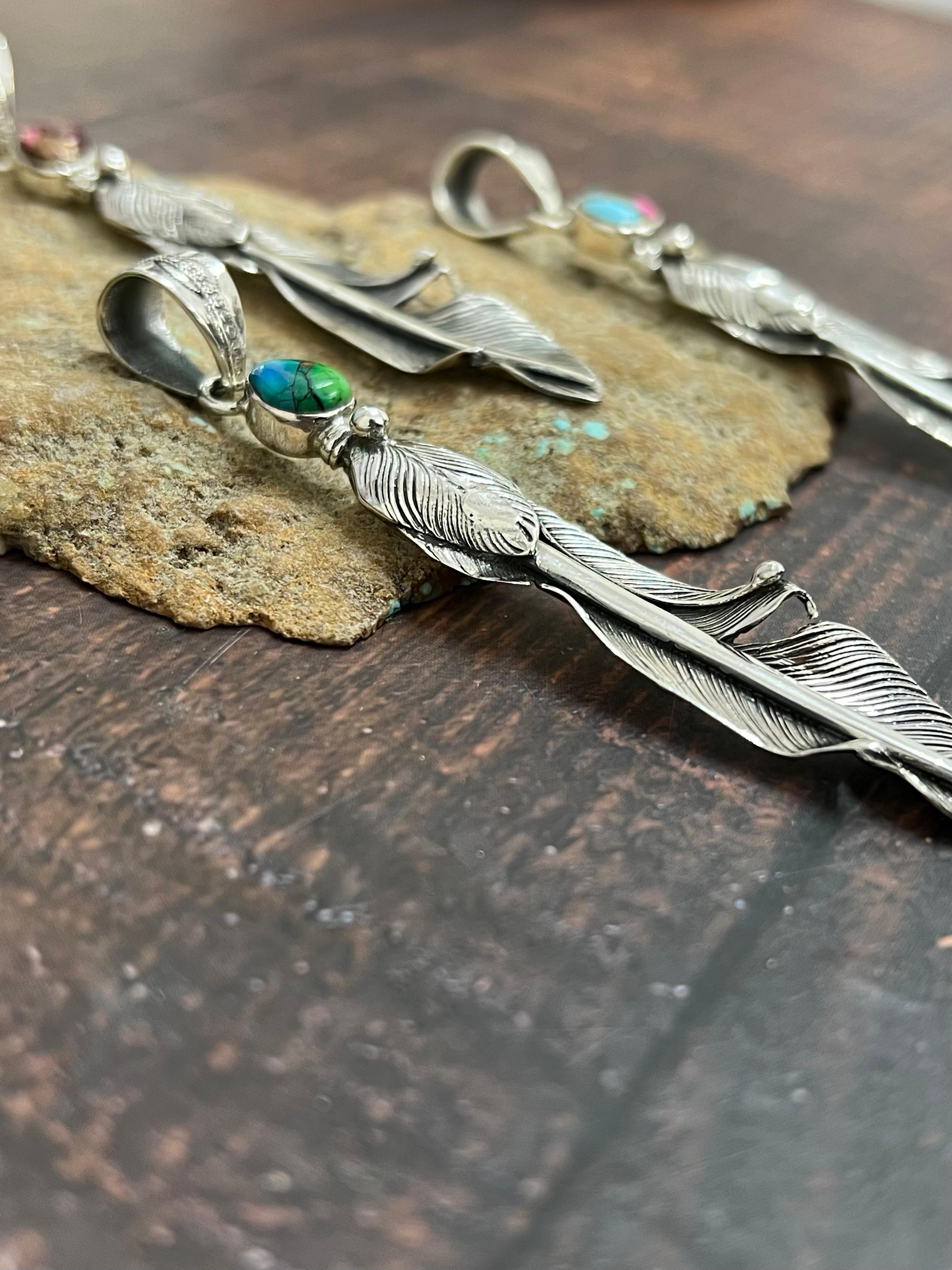 Handmade Sterling Silver Peacock Dahlia, Cotton Candy, Dahlia Rose Feather Pendant with Signed Nizhoni