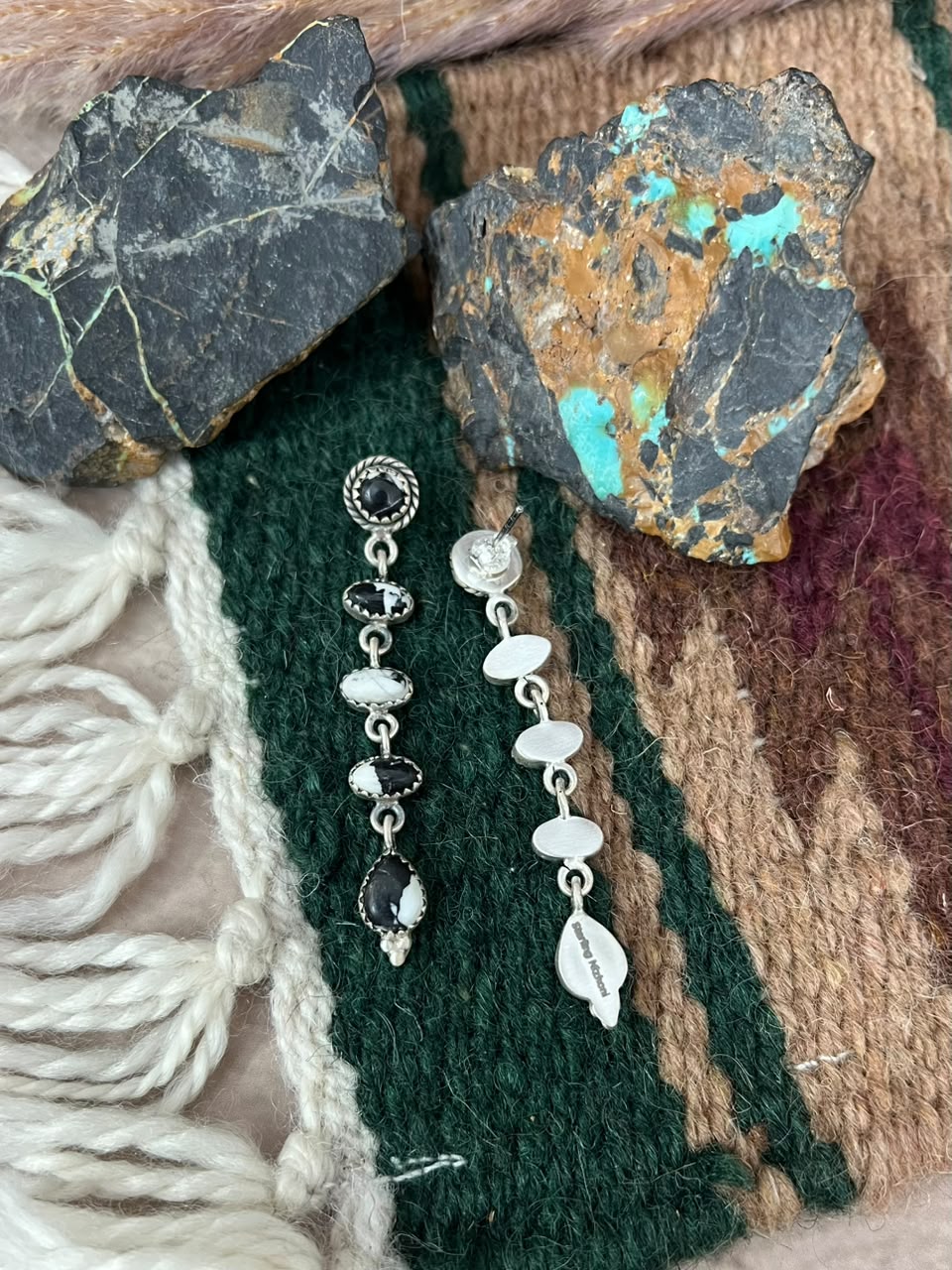 Handmade Sterling Silver White Buffalo Post Dangle Earrings Signed Nizhoni