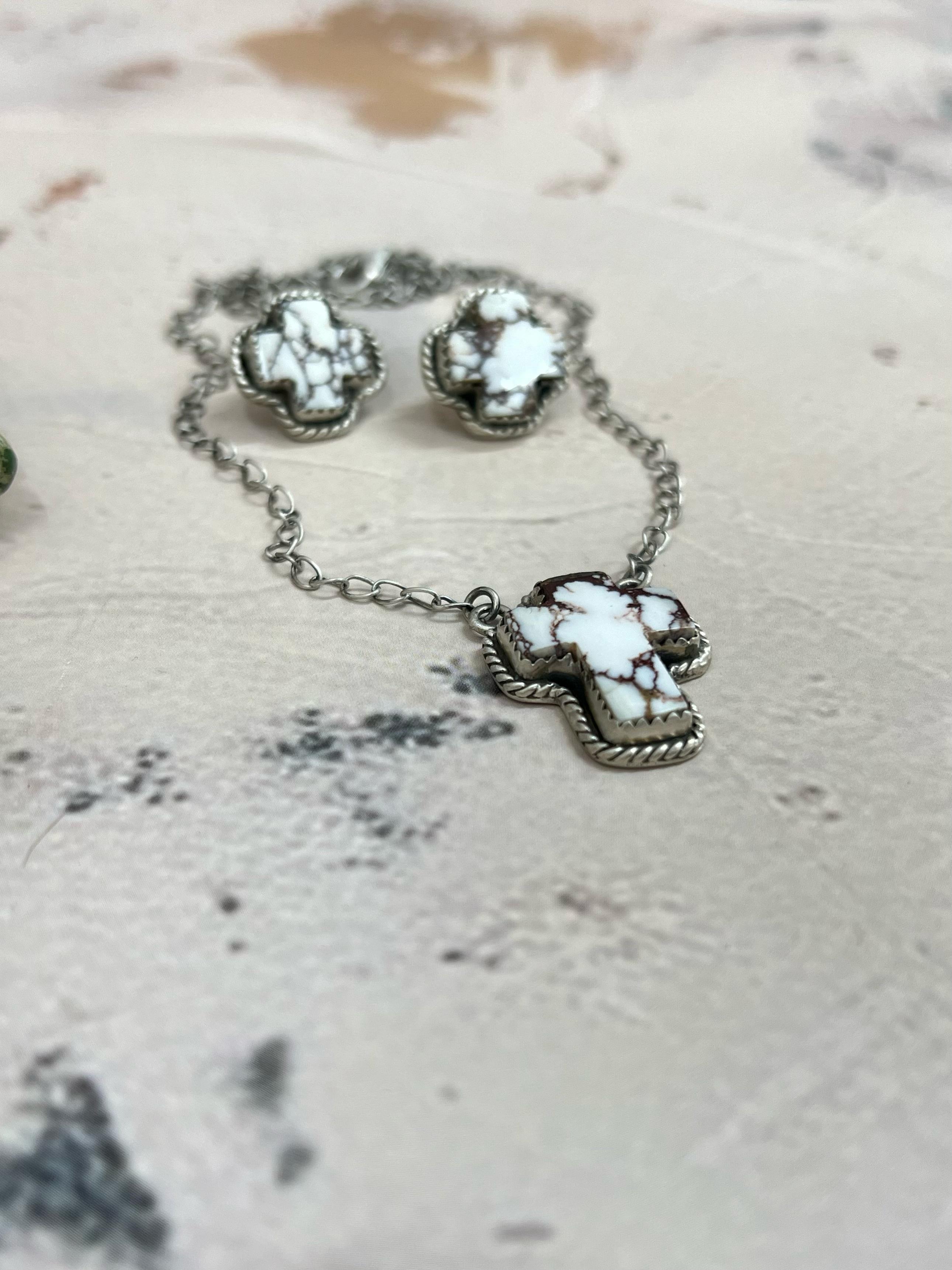 Handmade Sterling Silver Wild Horse Cross Necklace Earrings Set with Signed Nizhoni