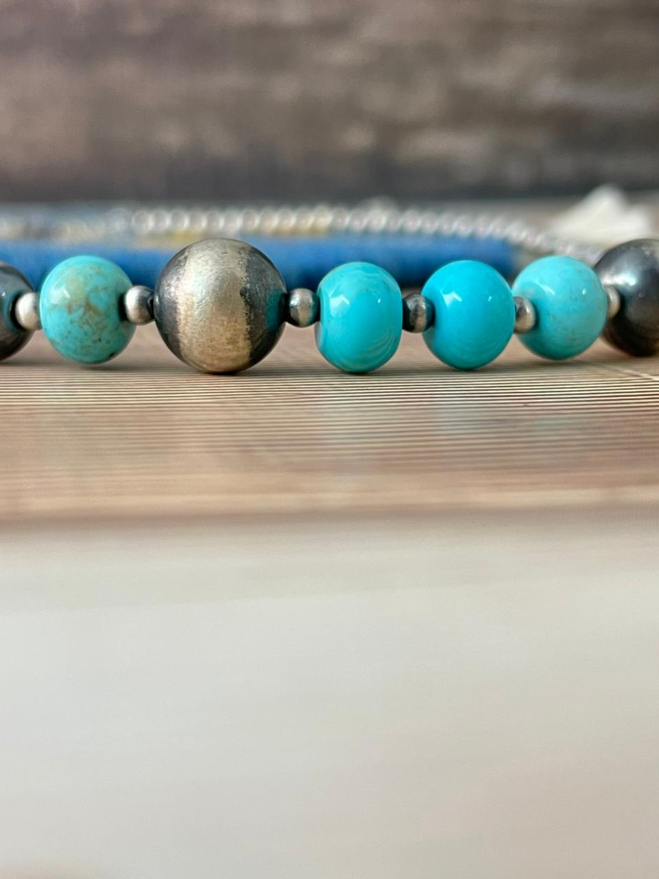 Handmade Sterling Silver Kingman Turquoise Beaded Necklace "Signed Nizhoni"