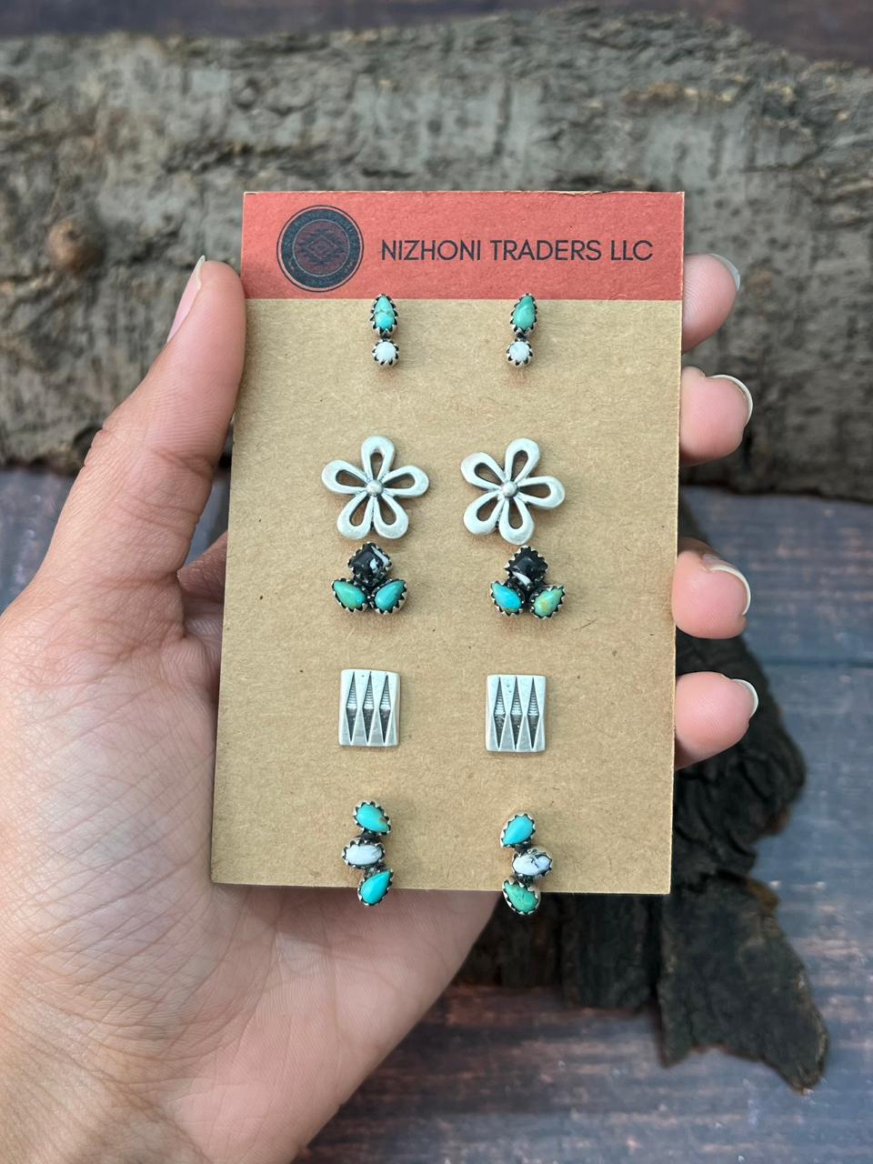 Handmade Sterling Silver Kingman with White Buffalo Post Studs Earrings Set