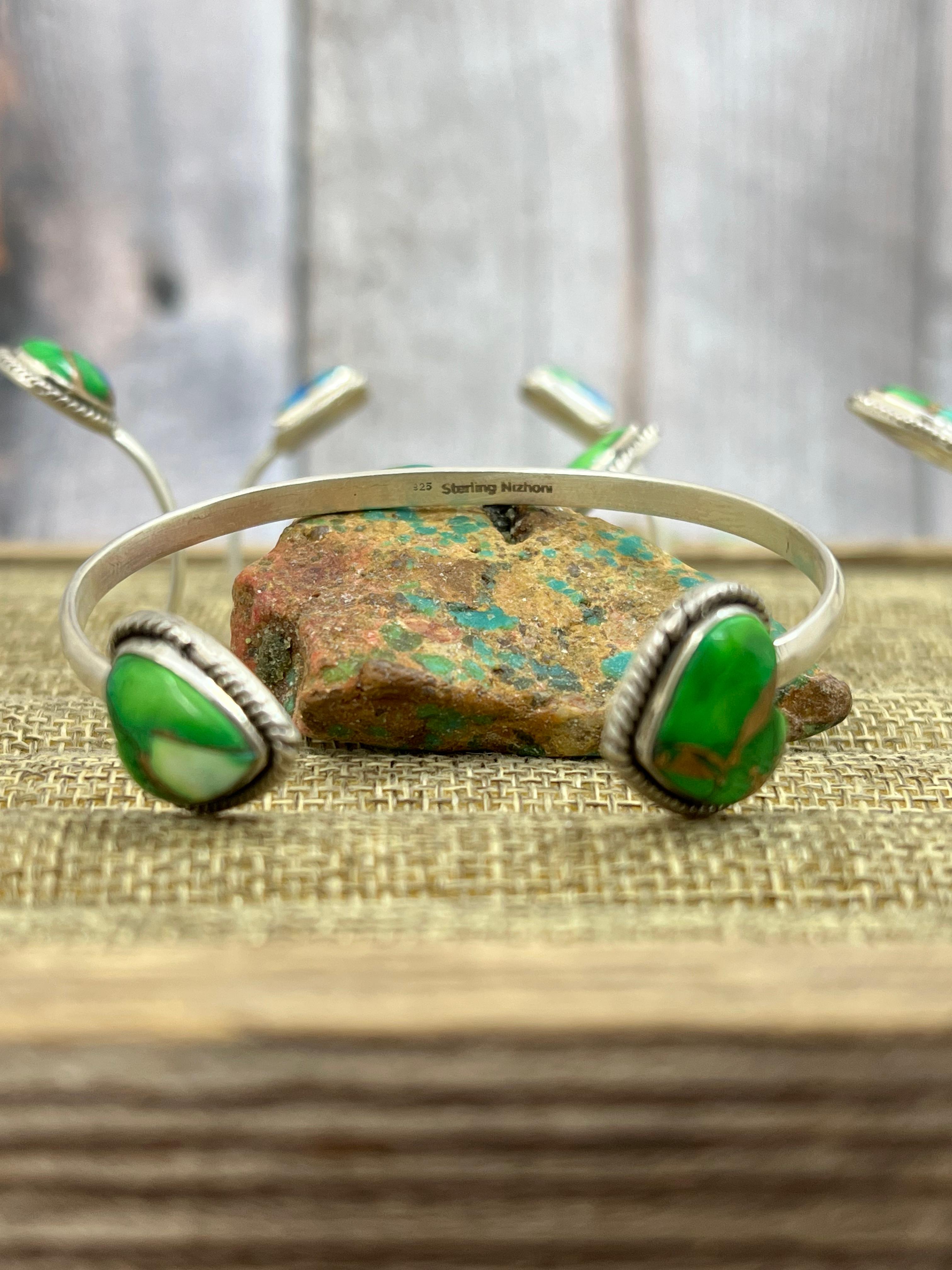 Handmade Sterling Silver Peacock Dahlia Cuff Bracelet with Signed Nizhoni