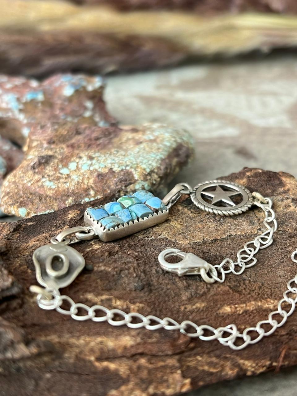 Handmade Sterling Silver Golden Hills Turquoise Cobble Collection Chain Bracelet "Signed Nizhoni"