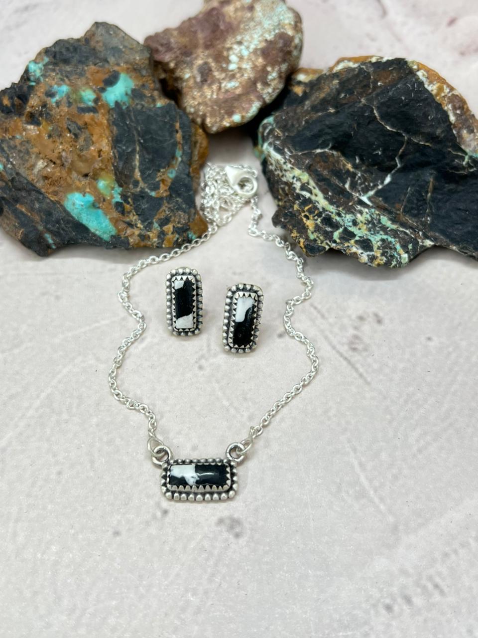 Handmade Sterling Silver White Buffalo Necklace Earrings Set "Signed Nizhoni"