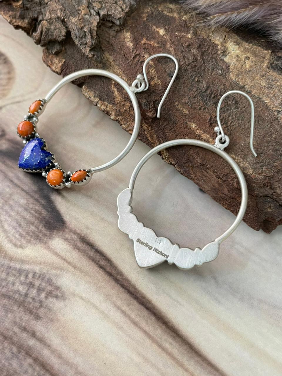 Handmade Sterling Silver Lapis with Orange Mojave Hook Hoops Dangle Earrings Signed Nizhoni