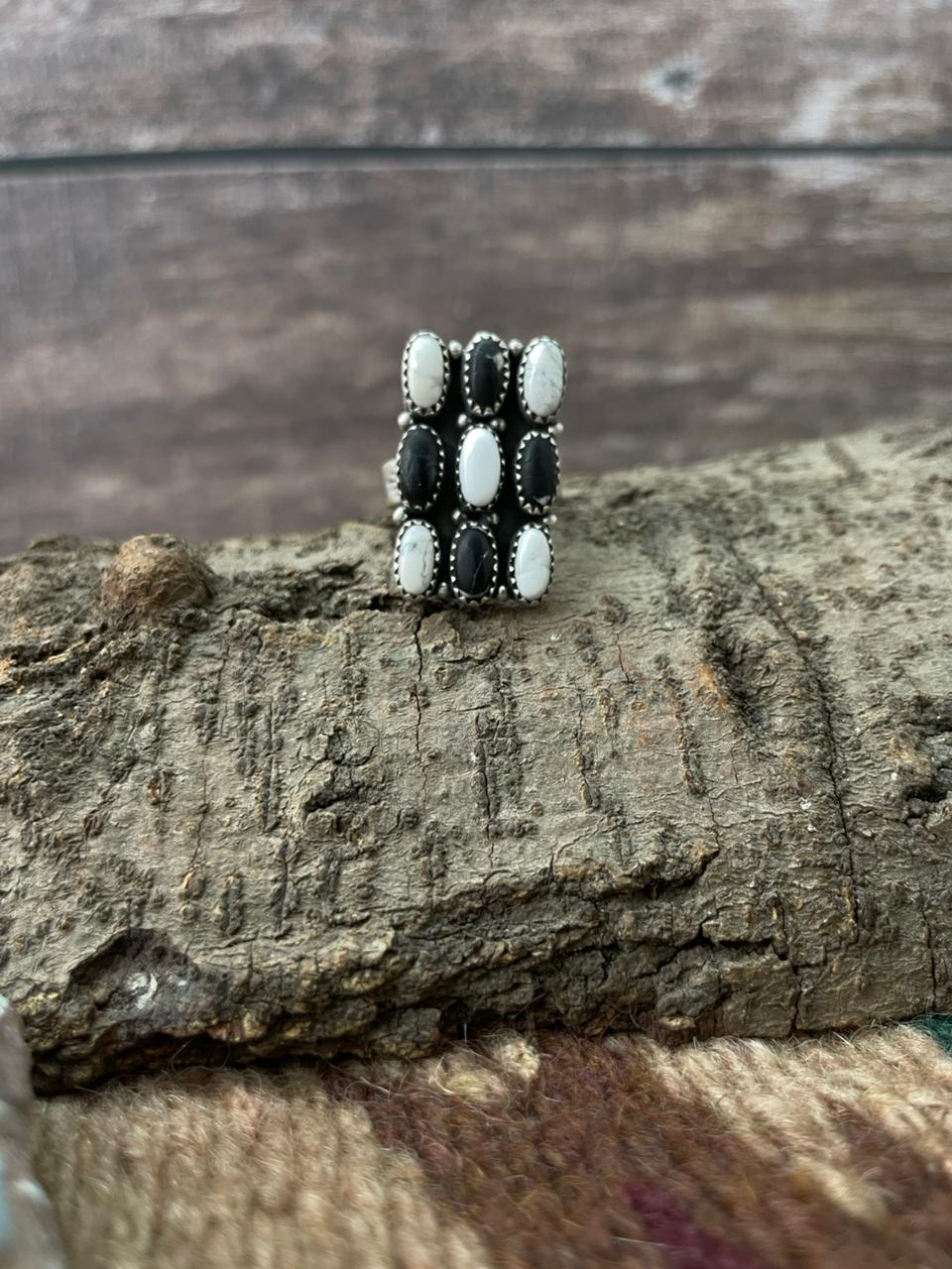 Handmade Sterling Silver White Buffalo Adjustable Ring "Signed Nizhoni"