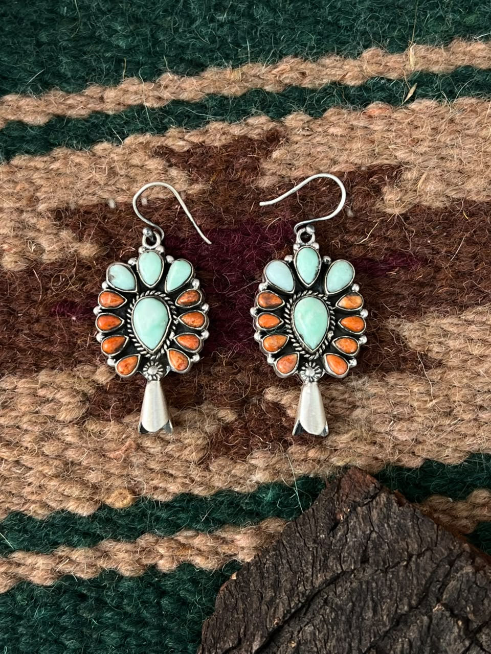 Handmade Sterling Silver Orange Mojave with Paloma Turquoise Squash Blossom Hook Dangle Earrings Signed Nizhoni