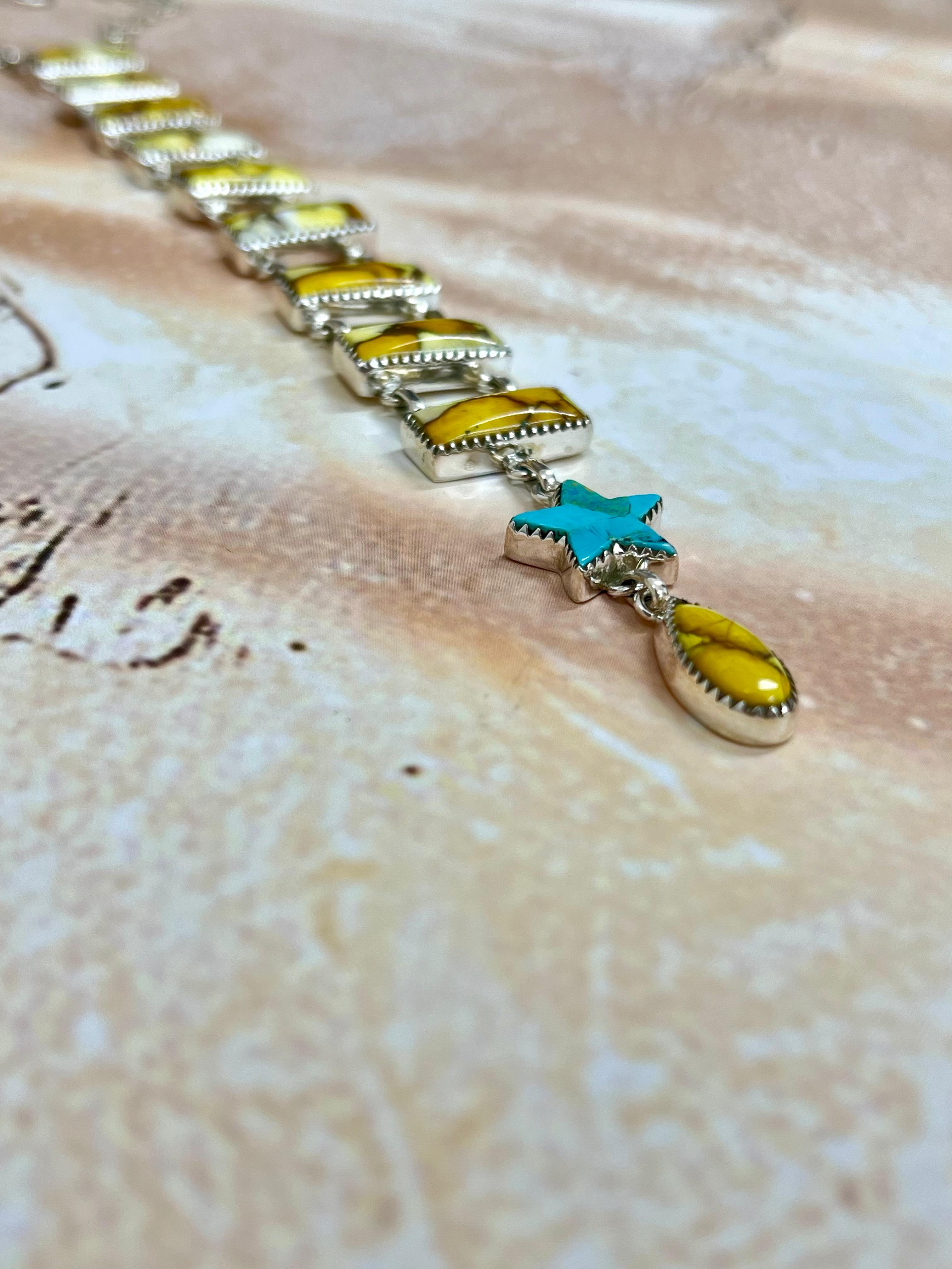 Handmade Sterling Silver Honey Dahlia with Kingman Turquoise Necklace with Signed Nizhoni