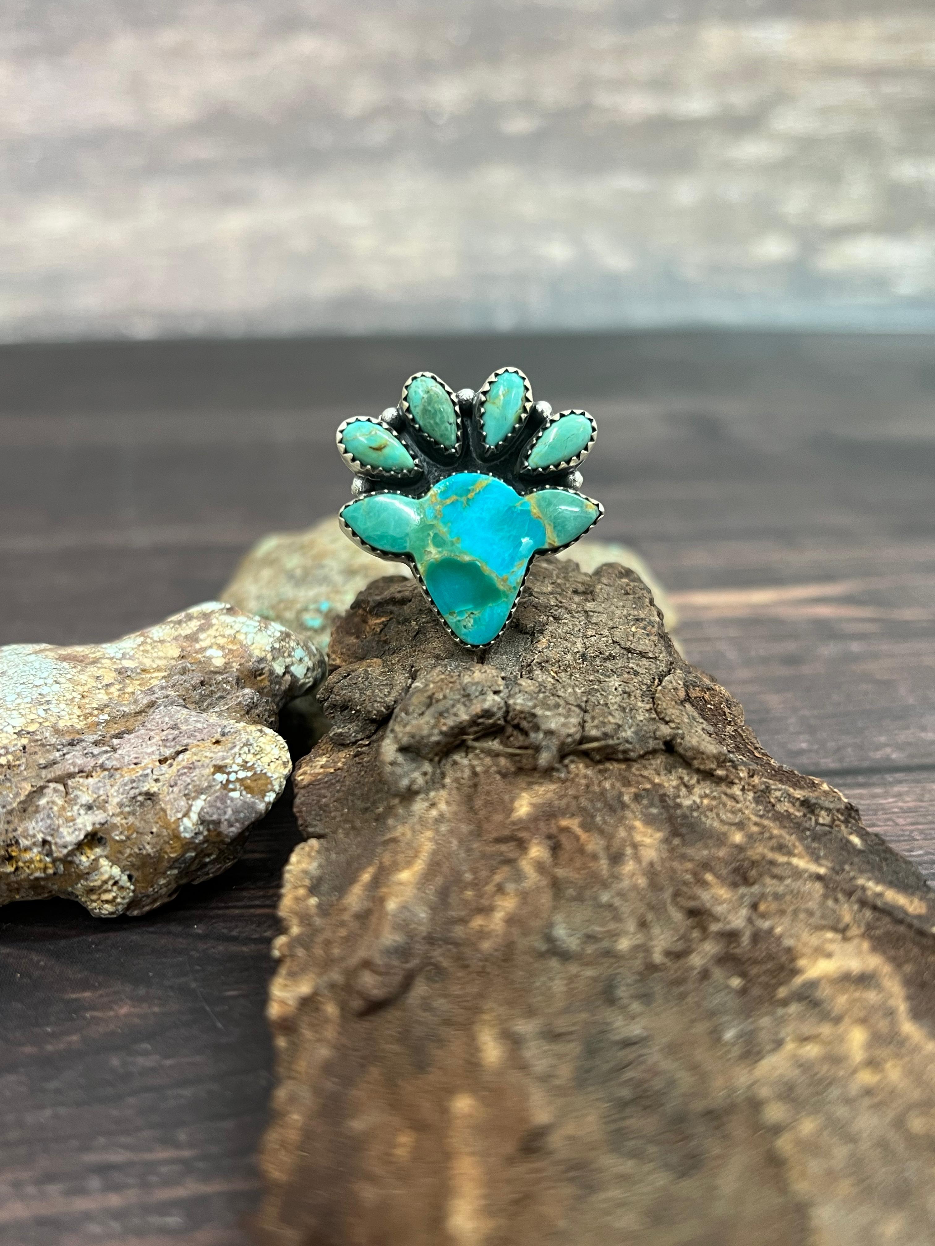 Handmade Sterling Silver Kingman Turquoise Adjustable Bullhead Ring with Signed Nizhoni