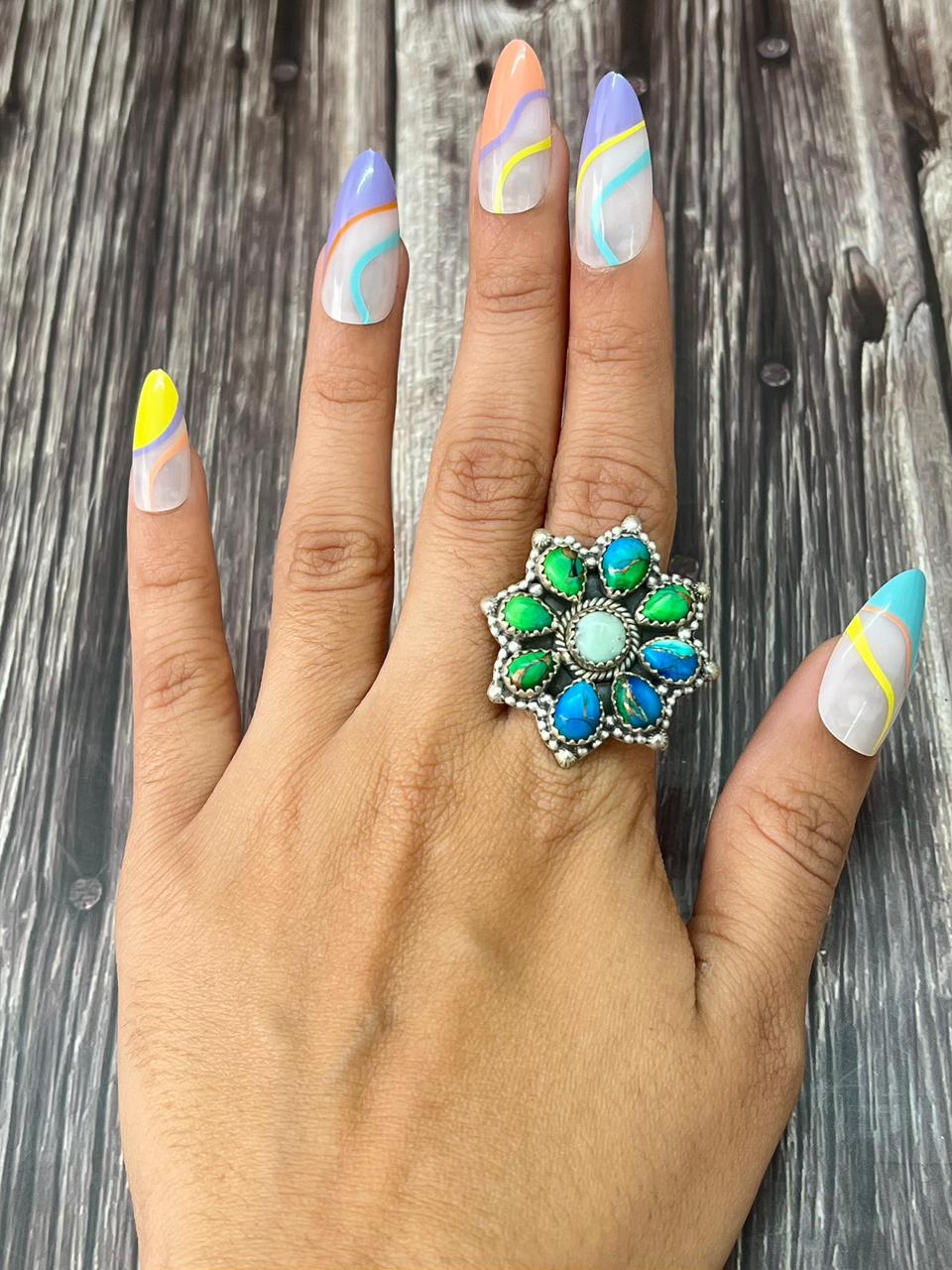 Handmade Sterling Silver Palomino with Peacock Dahlia Adjustable Ring "Signed Nizhoni"