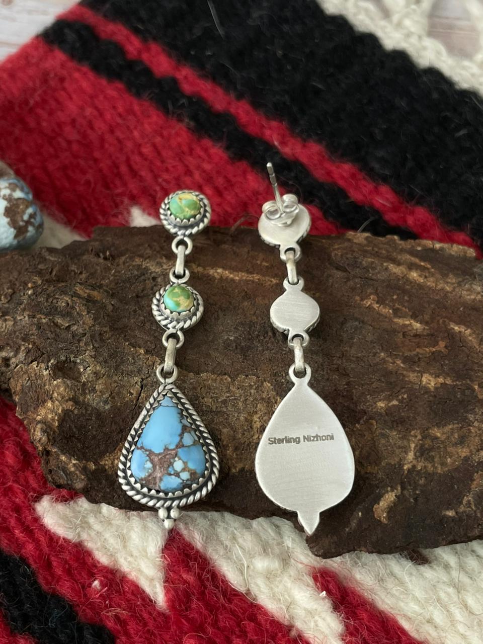Handmade Sterling Silver Sonoran Mountain Turquoise with Golden Hills Turquoise Post Earrings "Signed Nizhoni"