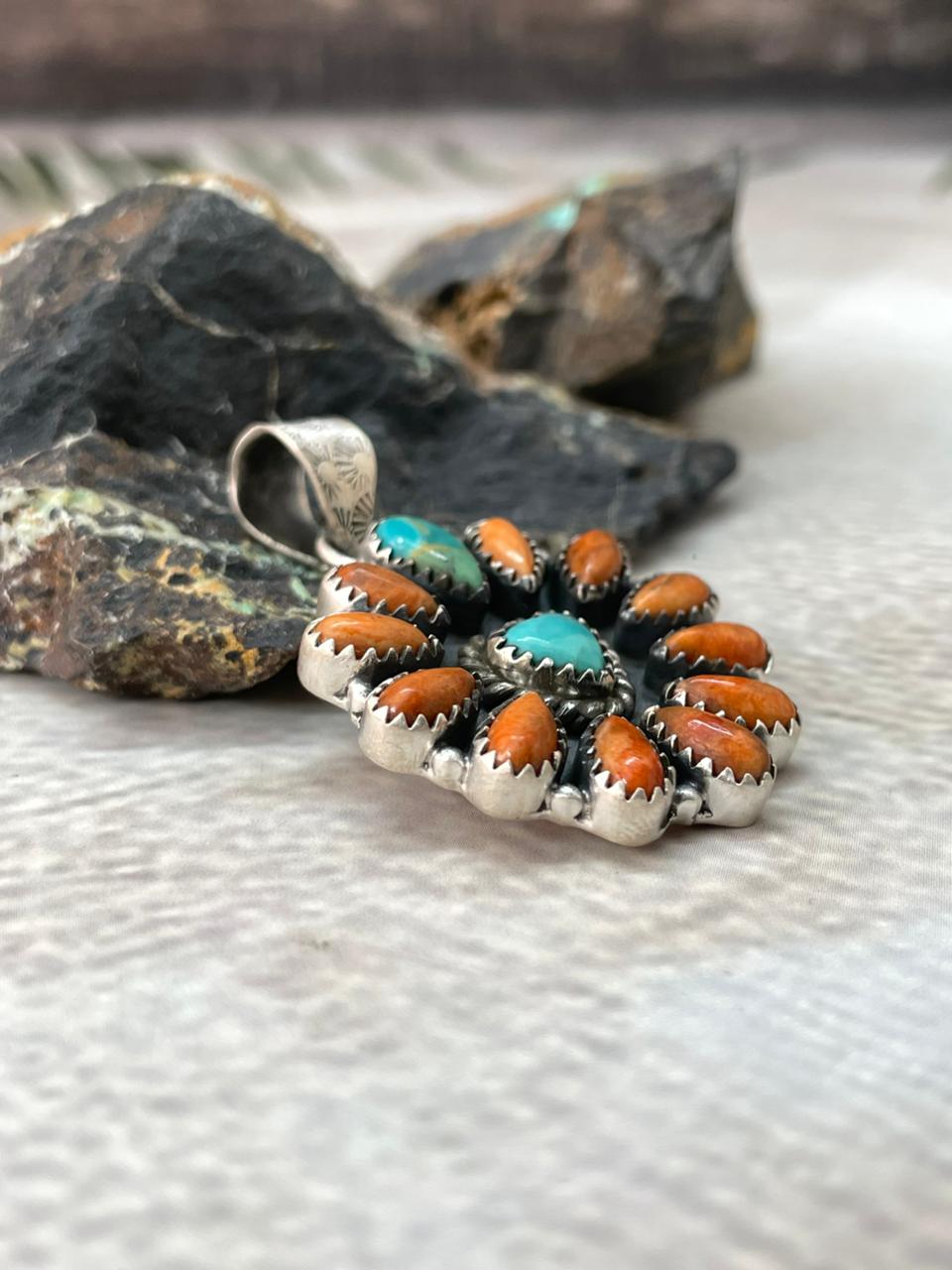 Handmade Sterling Silver Kingman with Orange Mojave Pendant "Signed Nizhoni"