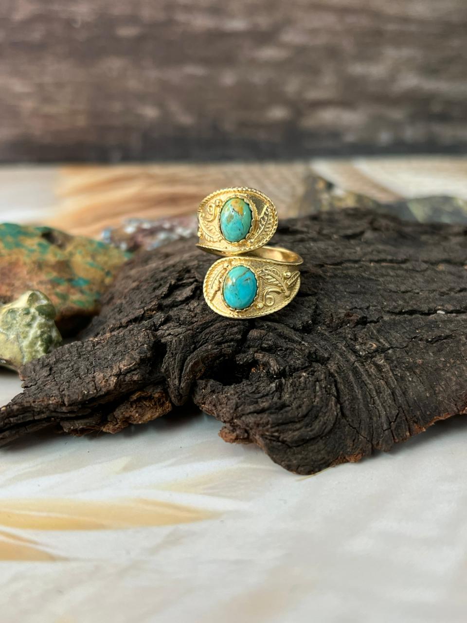 The Golden Collection: Handmade Kingman Turquoise Crossover Gold Adjustable Ring