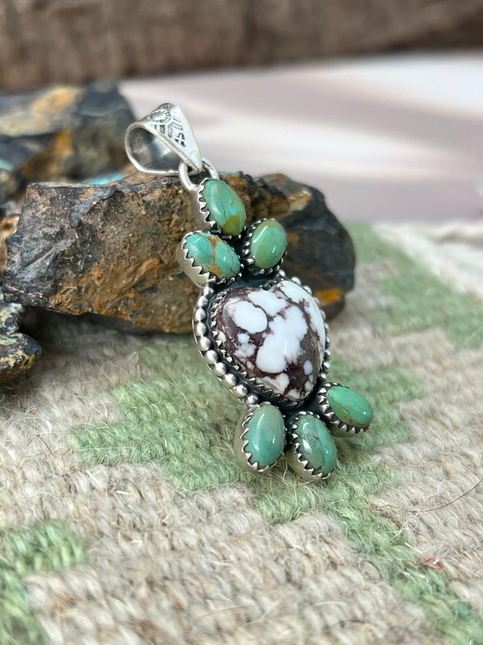 Handmade Sterling Silver Kingman Turquoise with Wildhorse Pendant "Signed Nizhoni"