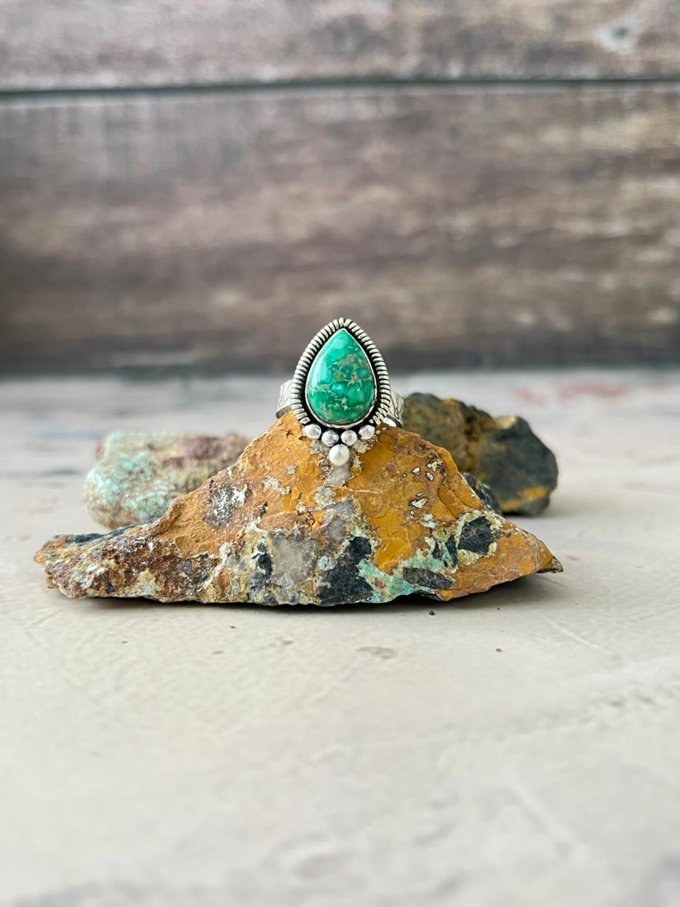 Handmade Sterling Silver Emerald Valley Turquoise Adjustable Ring "Signed Nizhoni"