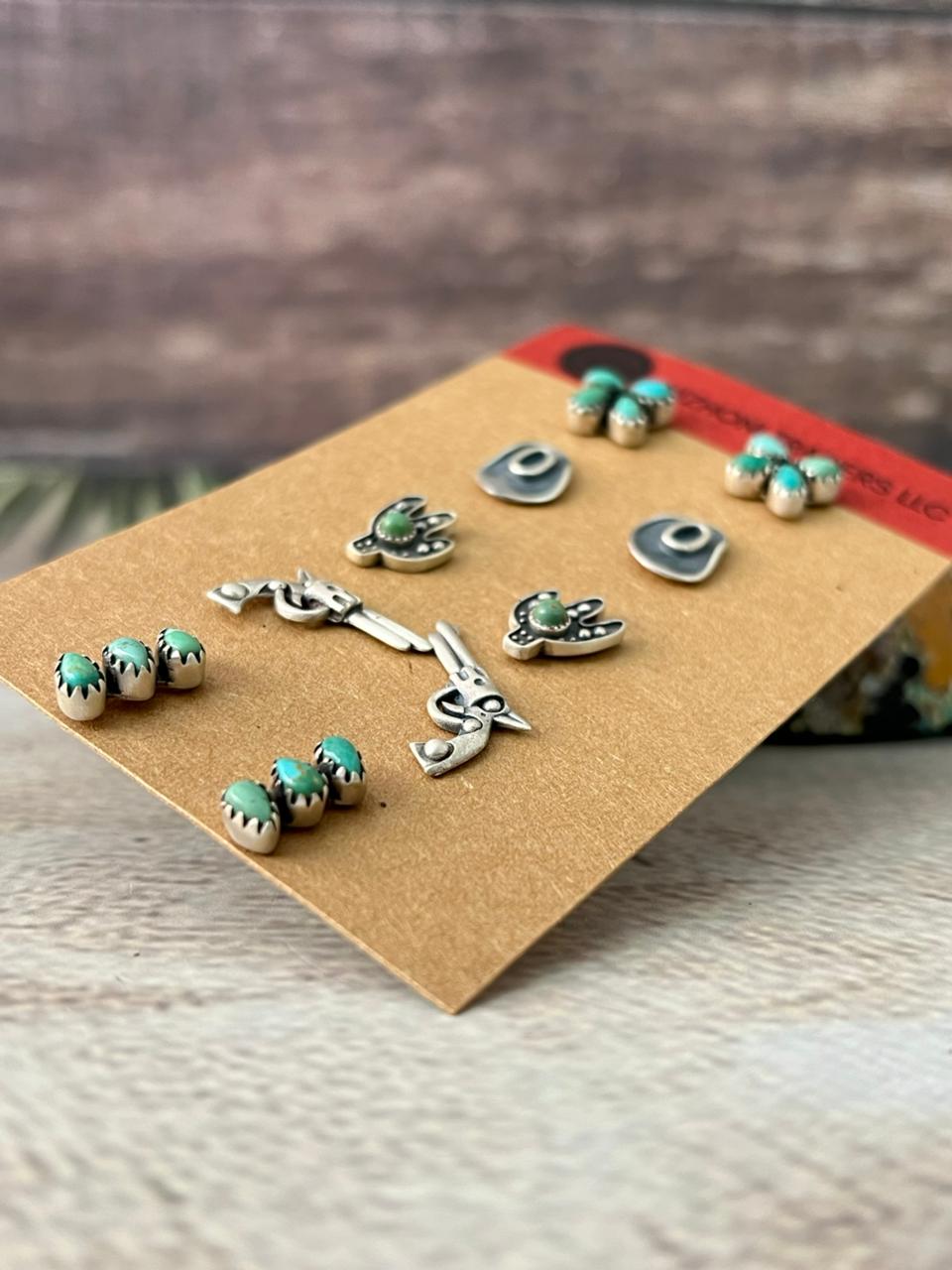 Handmade Sterling Silver Kingman Turquoise Post Studs Earrings Set