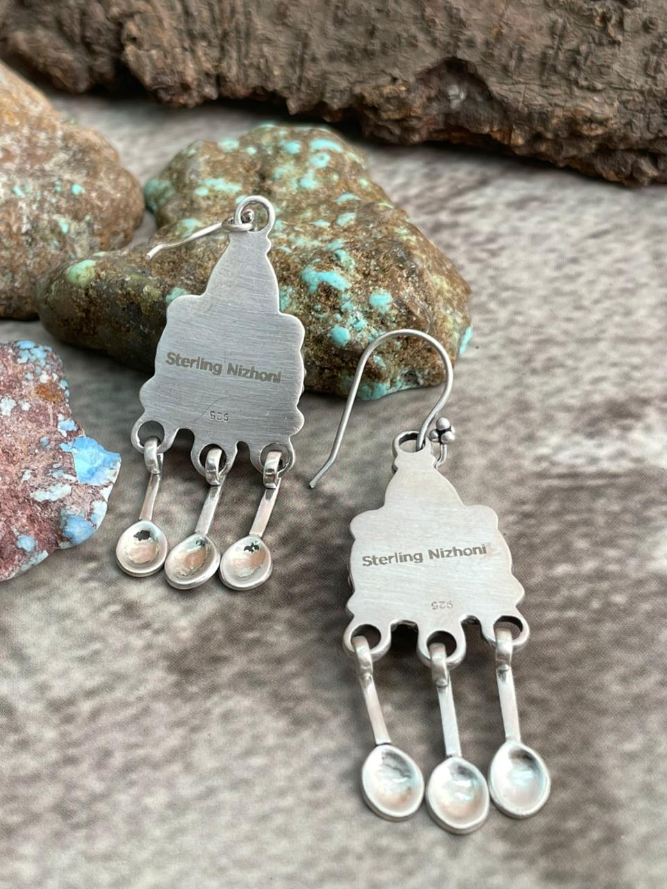 Handmade Sterling Silver Kingman Turquoise Hook Dangle Earrings with Signed Nizhoni
